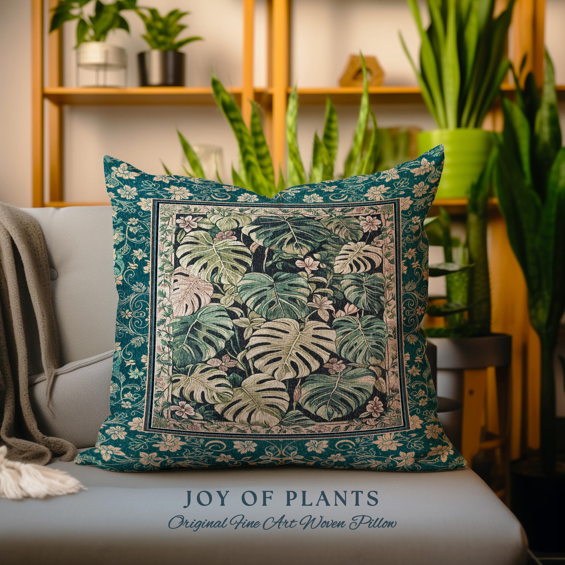 Cozy Plant Room Throw Pillow | Jungle Vibes Dark Academia Woven Cushion Houseplant Lover Housewarming Gift Whimsigoth Eclectic Bedroom |