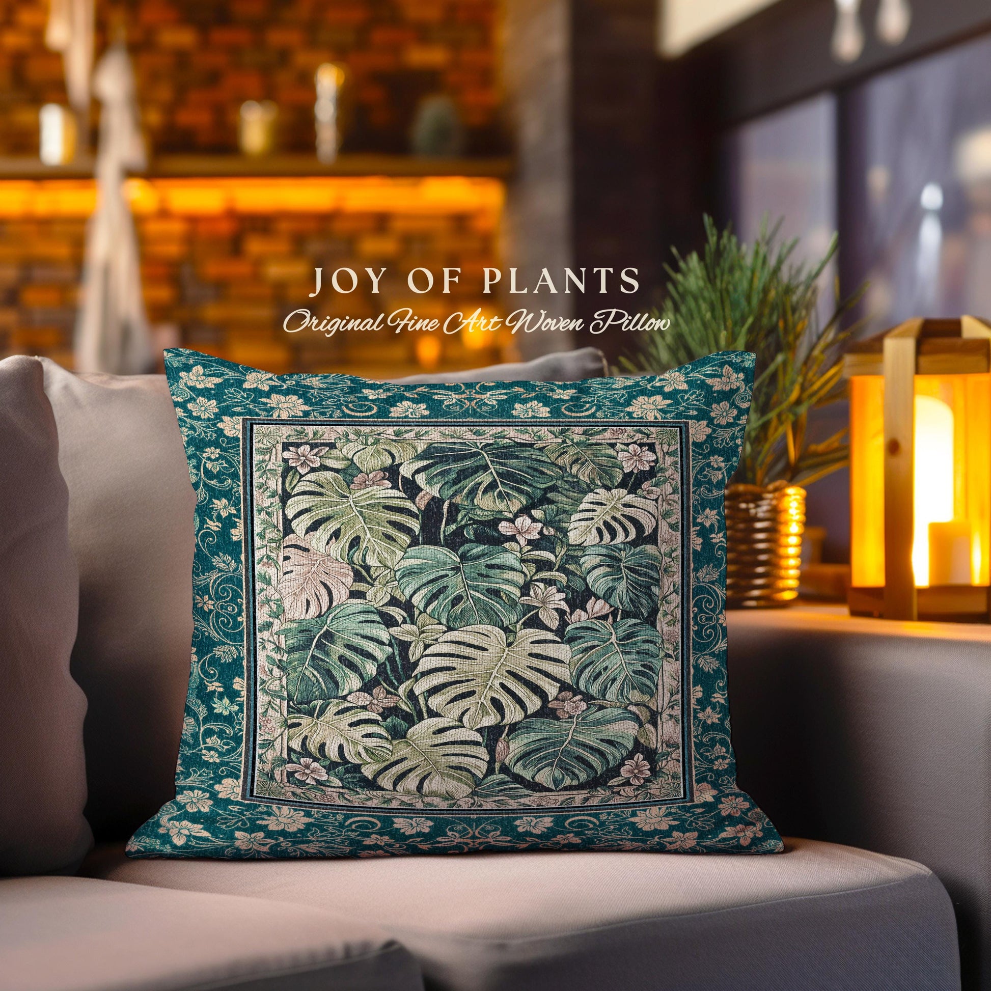 Cozy Plant Room Throw Pillow | Jungle Vibes Dark Academia Woven Cushion Houseplant Lover Housewarming Gift Whimsigoth Eclectic Bedroom |