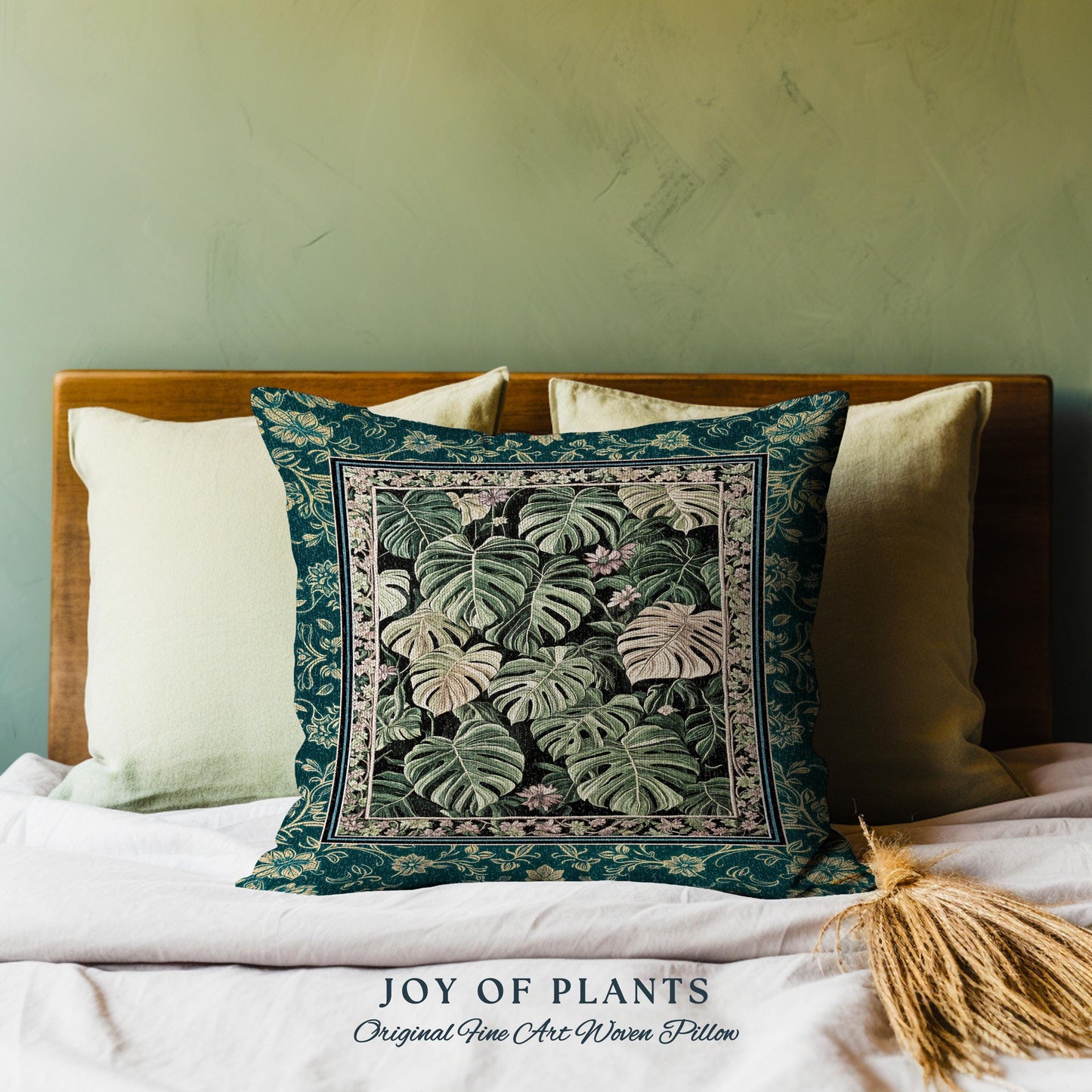 Monstera Tapestry Pillow Unique | Herbology Cushion Dark Cottagecore Tropical Aesthetic Dark Floral Houseplant Botanical Woven Throw Pillow