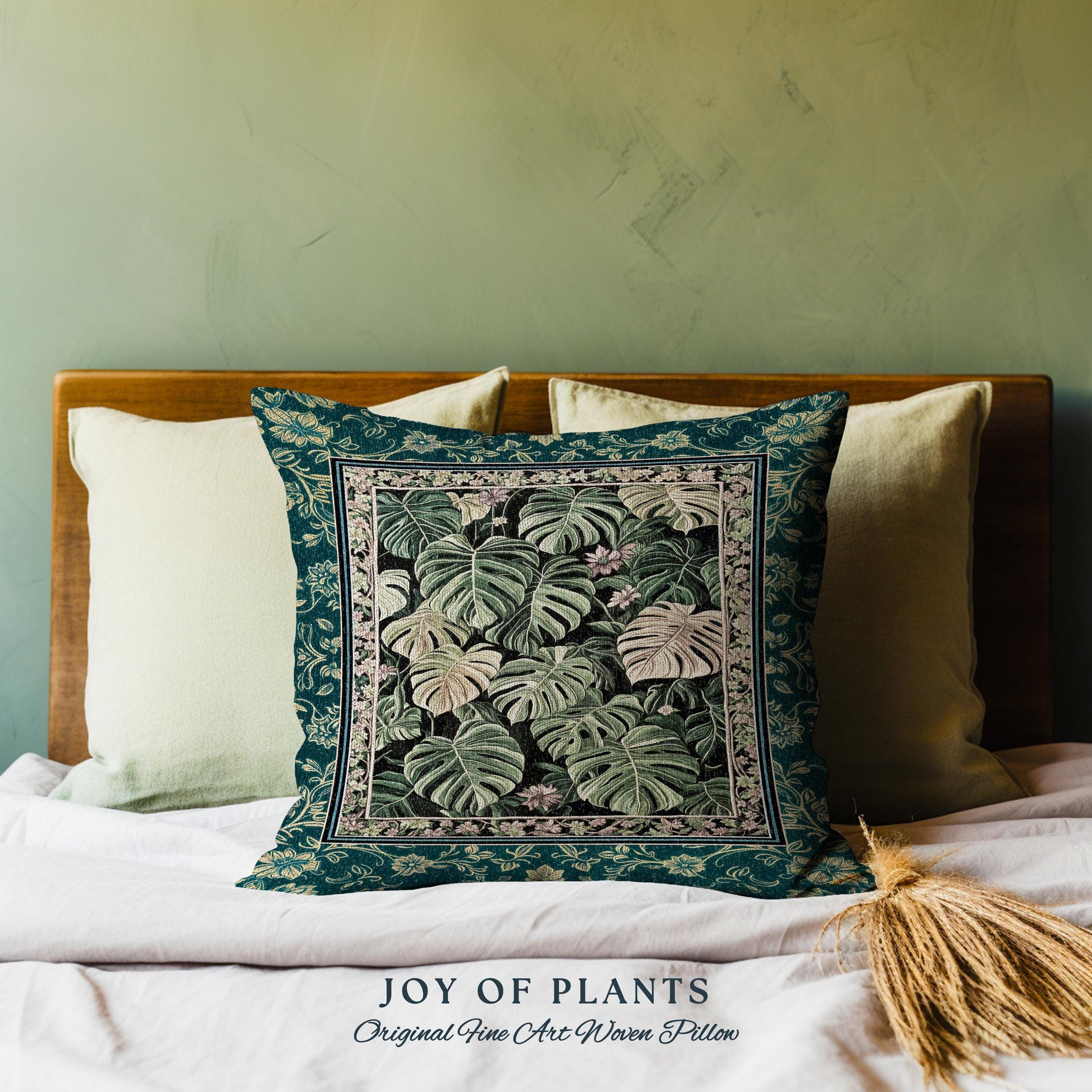 Monstera Tapestry Pillow Unique | Herbology Cushion Dark Cottagecore Tropical Aesthetic Dark Floral Houseplant Botanical Woven Throw Pillow