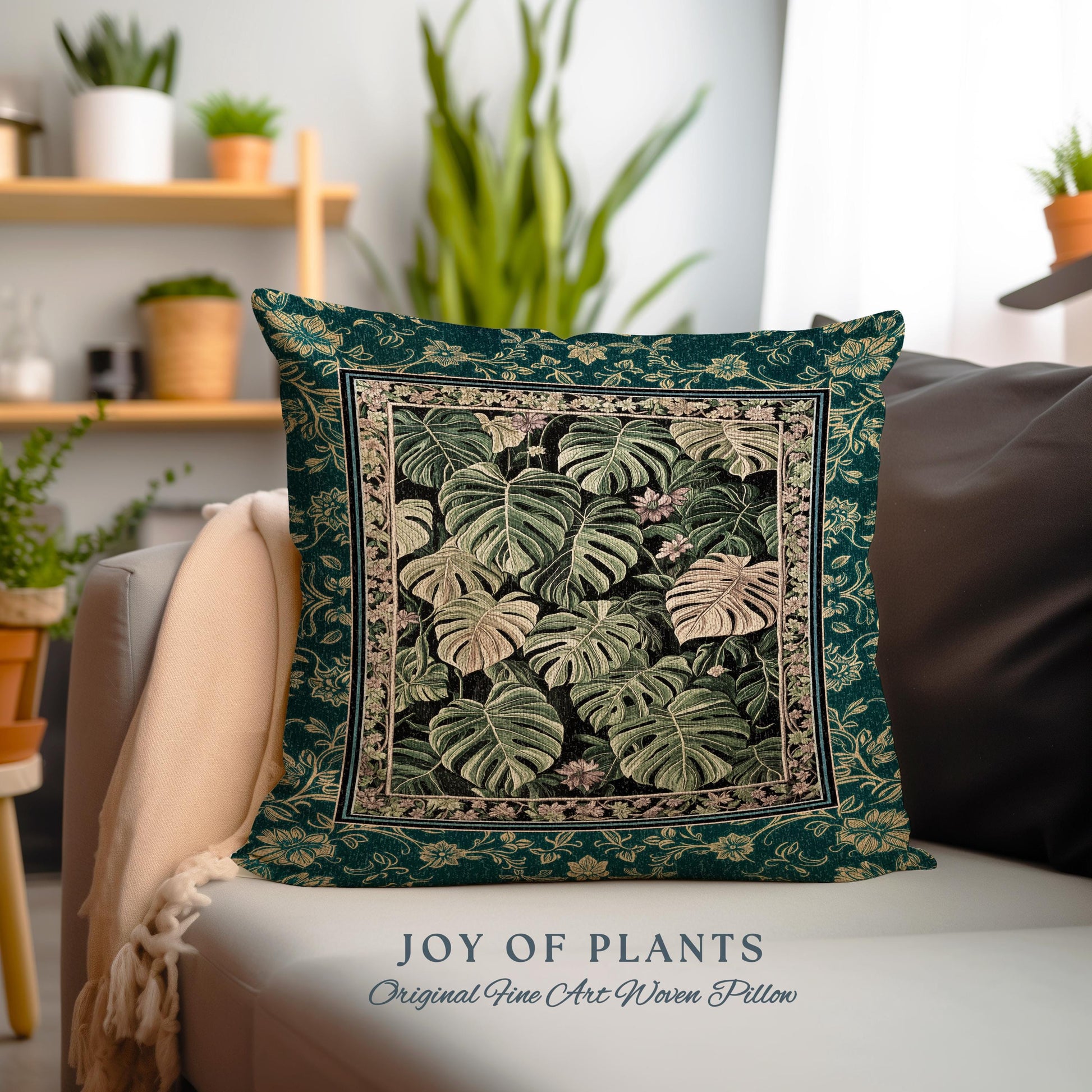 Monstera Tapestry Pillow Unique | Herbology Cushion Dark Cottagecore Tropical Aesthetic Dark Floral Houseplant Botanical Woven Throw Pillow