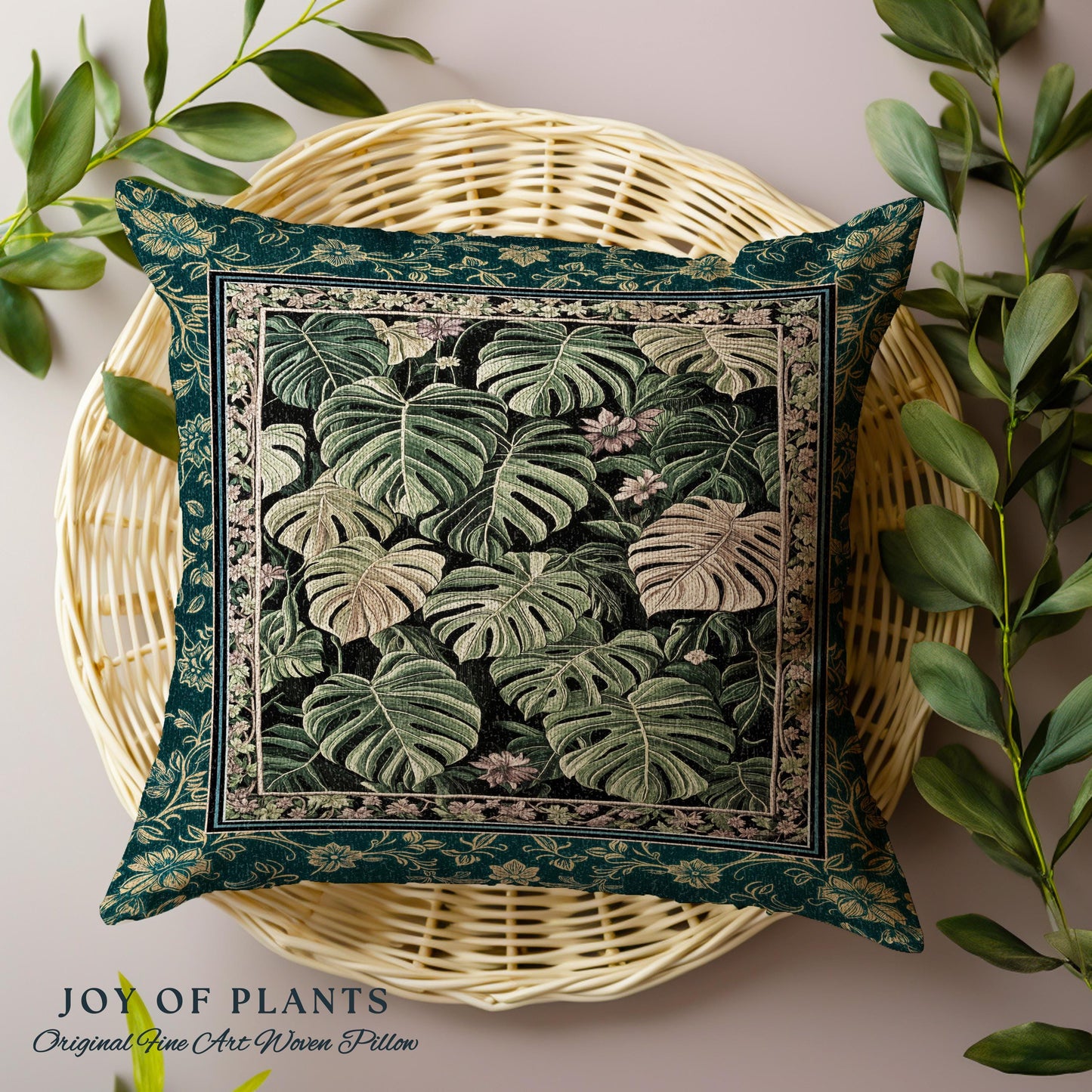 Monstera Tapestry Pillow Unique | Herbology Cushion Dark Cottagecore Tropical Aesthetic Dark Floral Houseplant Botanical Woven Throw Pillow