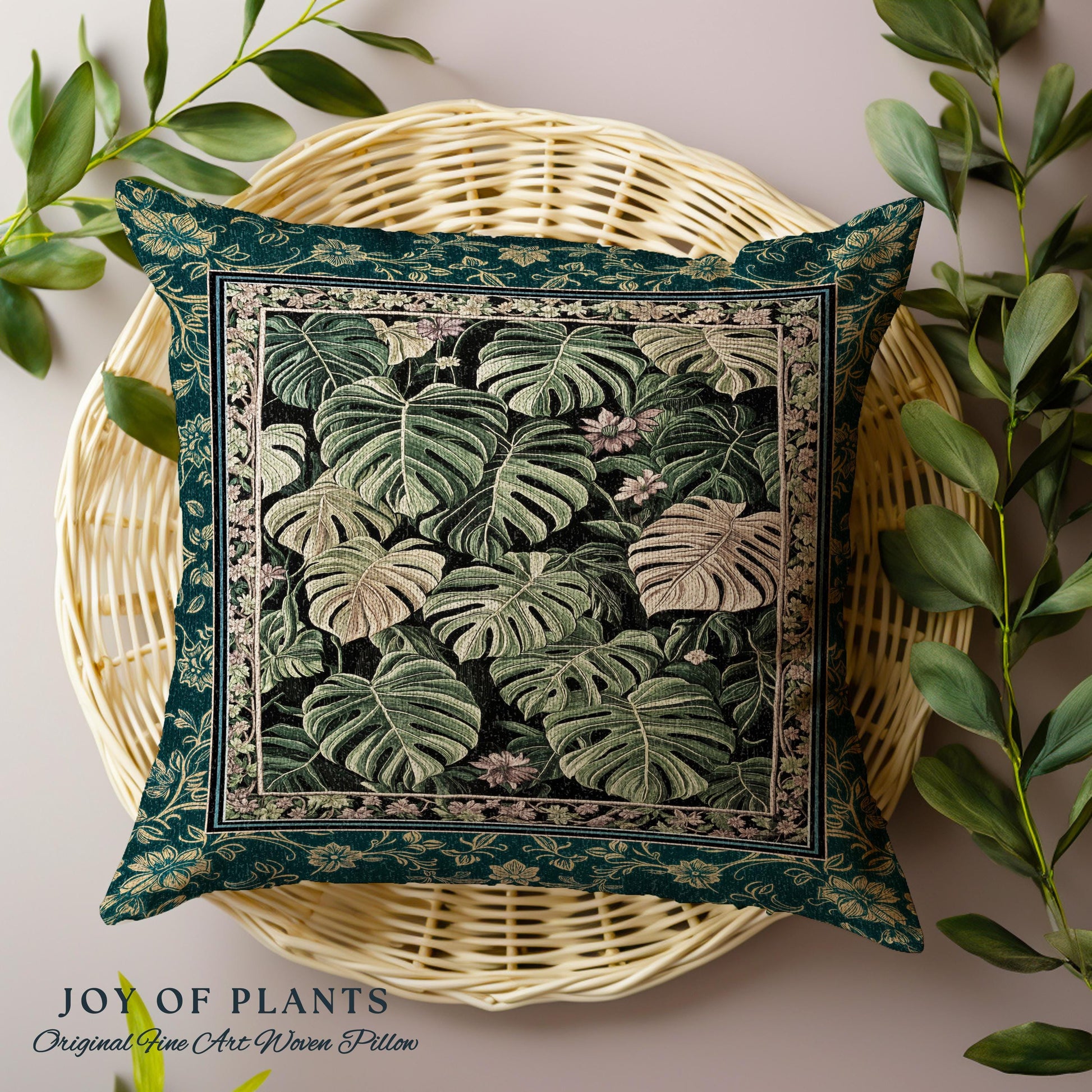 Monstera Tapestry Pillow Unique | Herbology Cushion Dark Cottagecore Tropical Aesthetic Dark Floral Houseplant Botanical Woven Throw Pillow