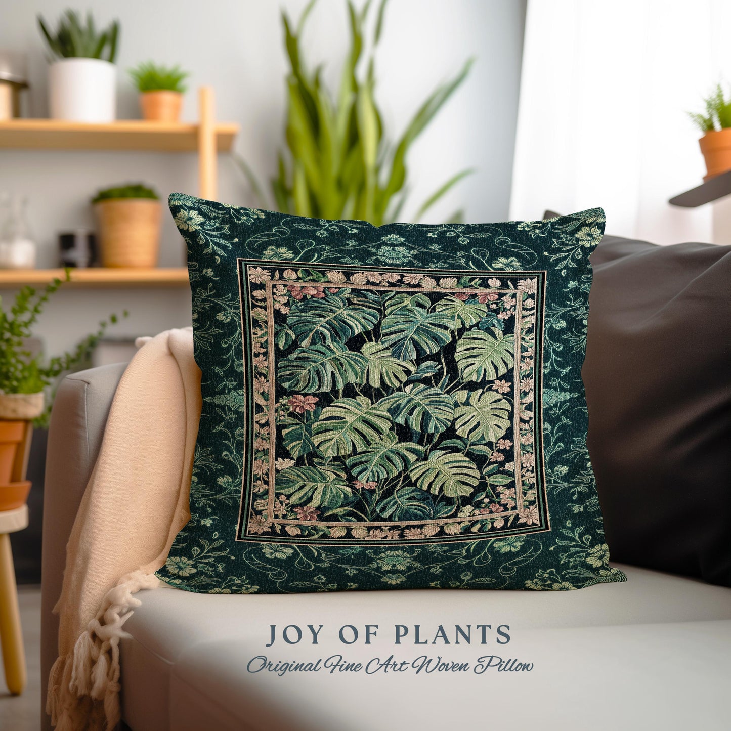 Dark Woodland Maximalist Monstera Pillow | Tropigoth Botanical Bedroom Houseplant Lover Bedding Forestcore Aesthetic Woven Tapestry Pillow |