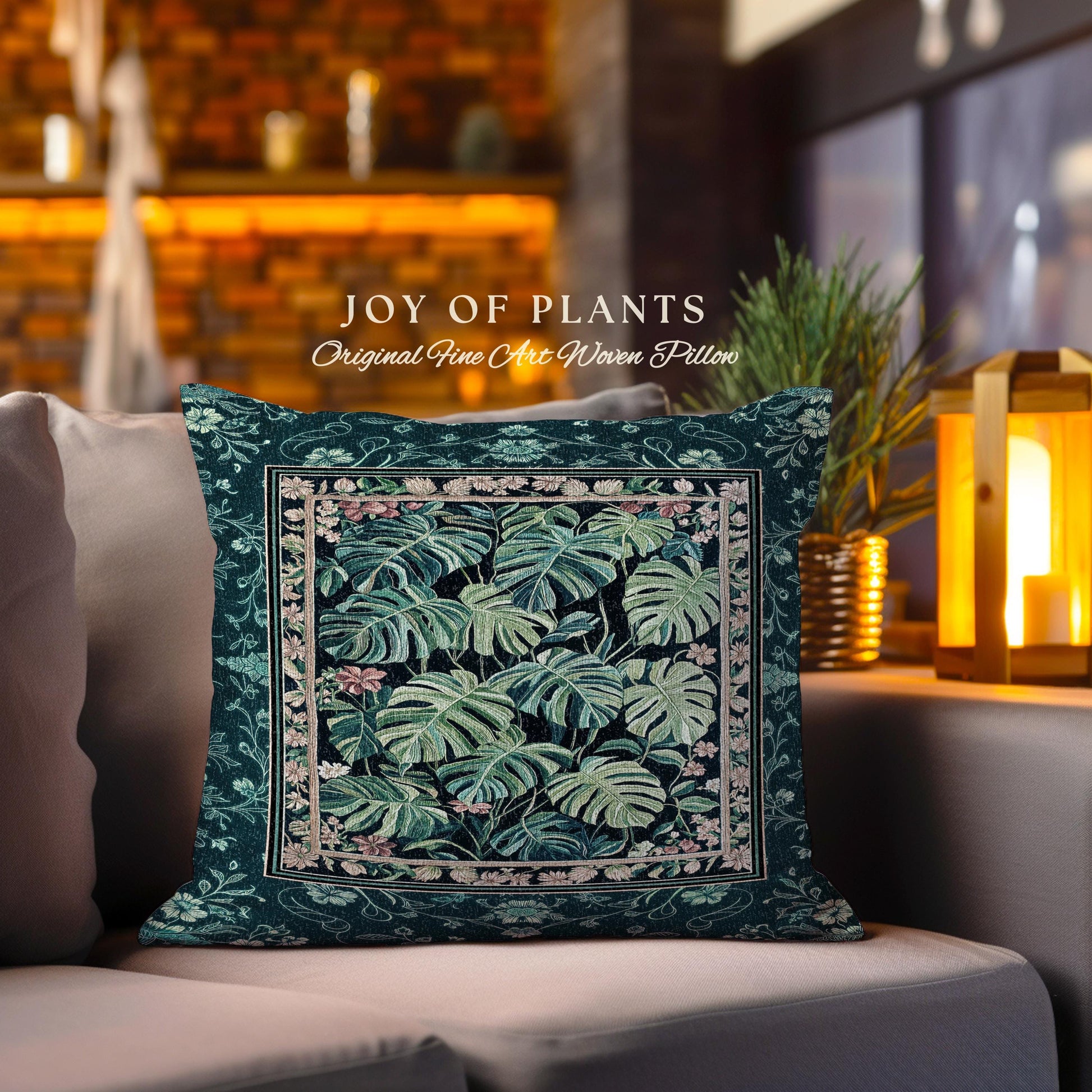 Dark Woodland Maximalist Monstera Pillow | Tropigoth Botanical Bedroom Houseplant Lover Bedding Forestcore Aesthetic Woven Tapestry Pillow |