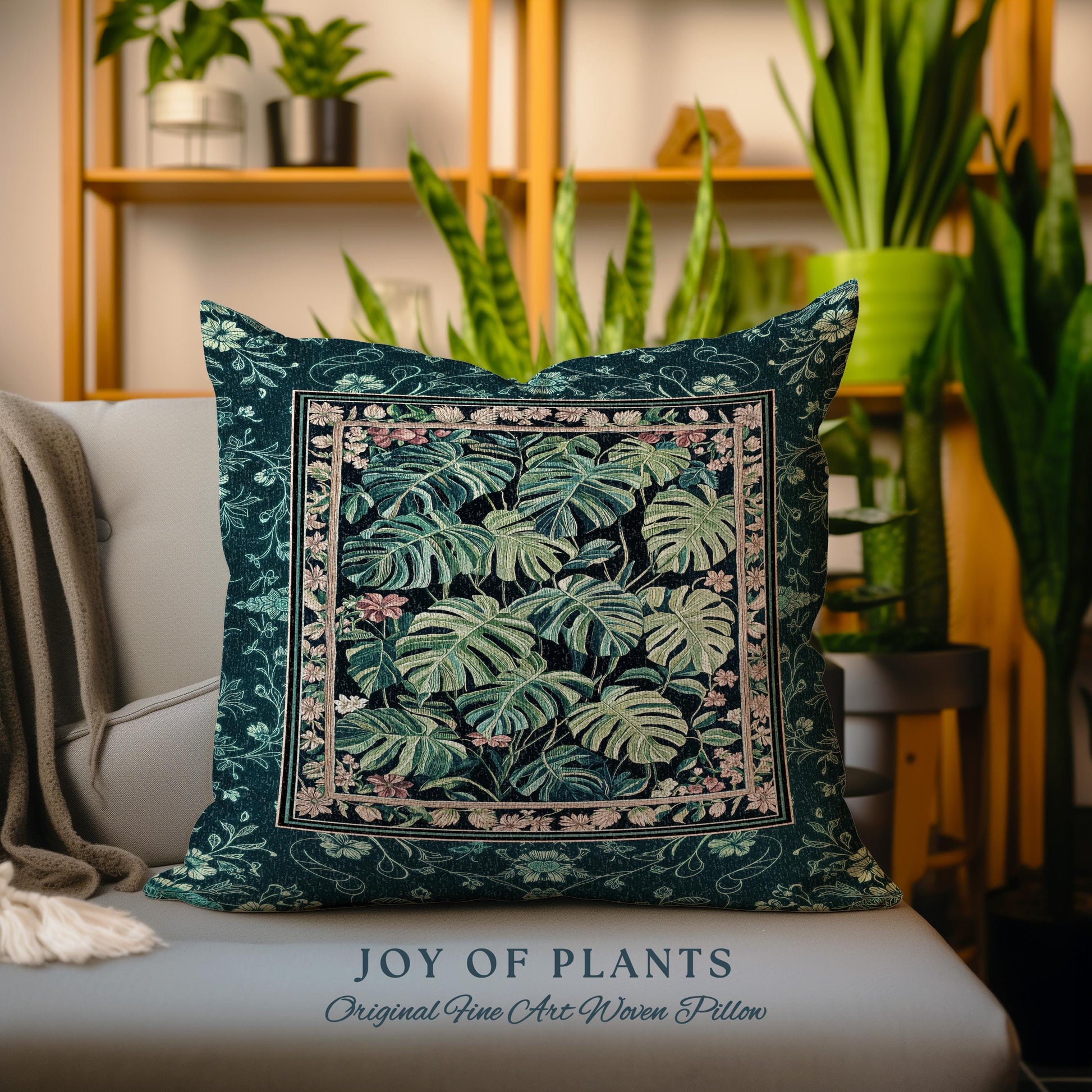 Dark Woodland Maximalist Monstera Pillow | Tropigoth Botanical Bedroom Houseplant Lover Bedding Forestcore Aesthetic Woven Tapestry Pillow |