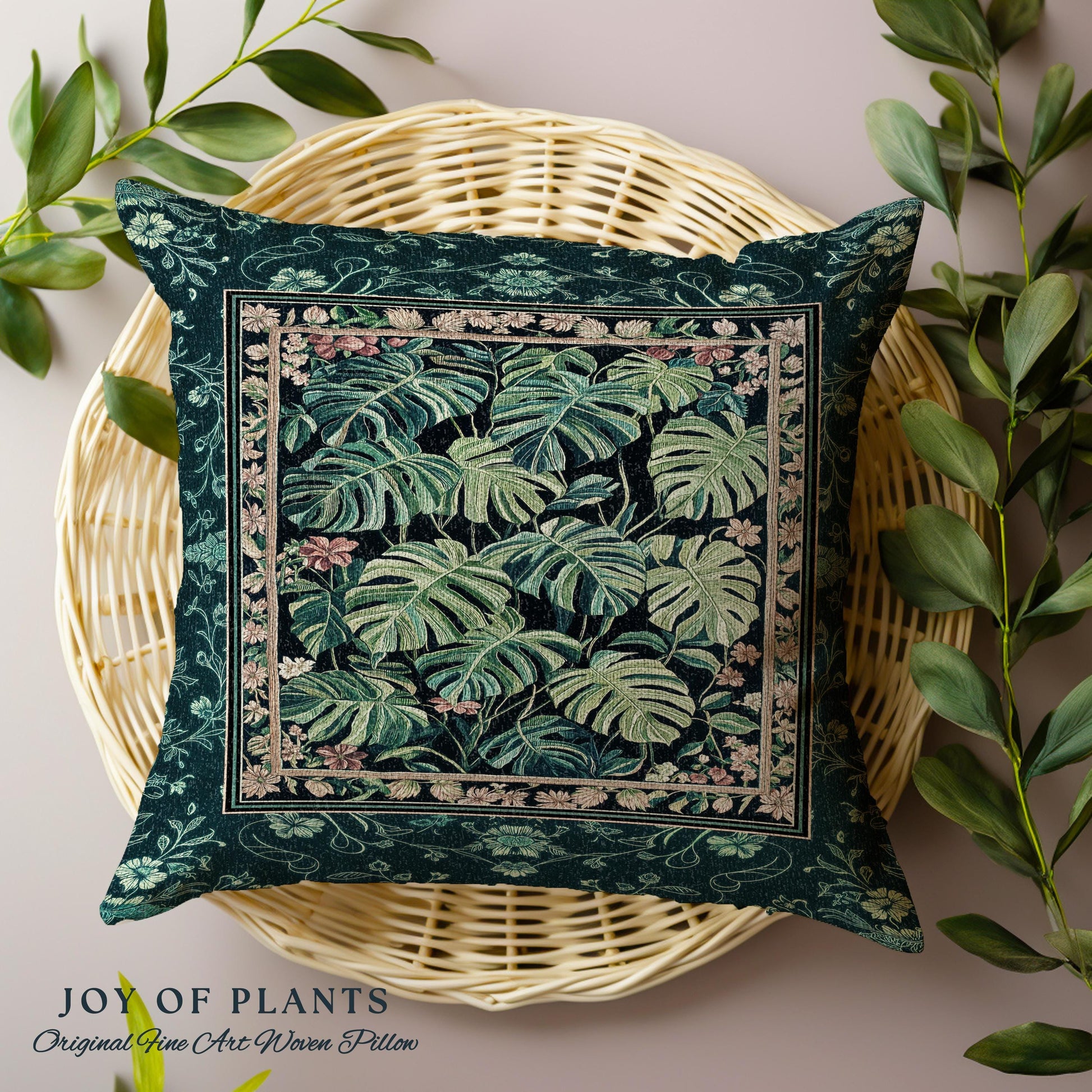 Dark Woodland Maximalist Monstera Pillow | Tropigoth Botanical Bedroom Houseplant Lover Bedding Forestcore Aesthetic Woven Tapestry Pillow |