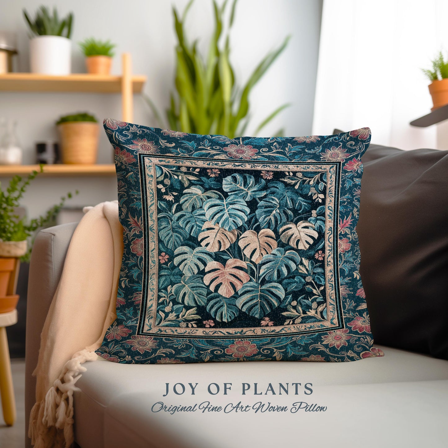 Serene Monstera Forest Throw Pillow | Enchanted Tropigoth Bedroom Woven Tapestry Cushion Whimsical Cottagecore Houseplant Lover Aesthetic |