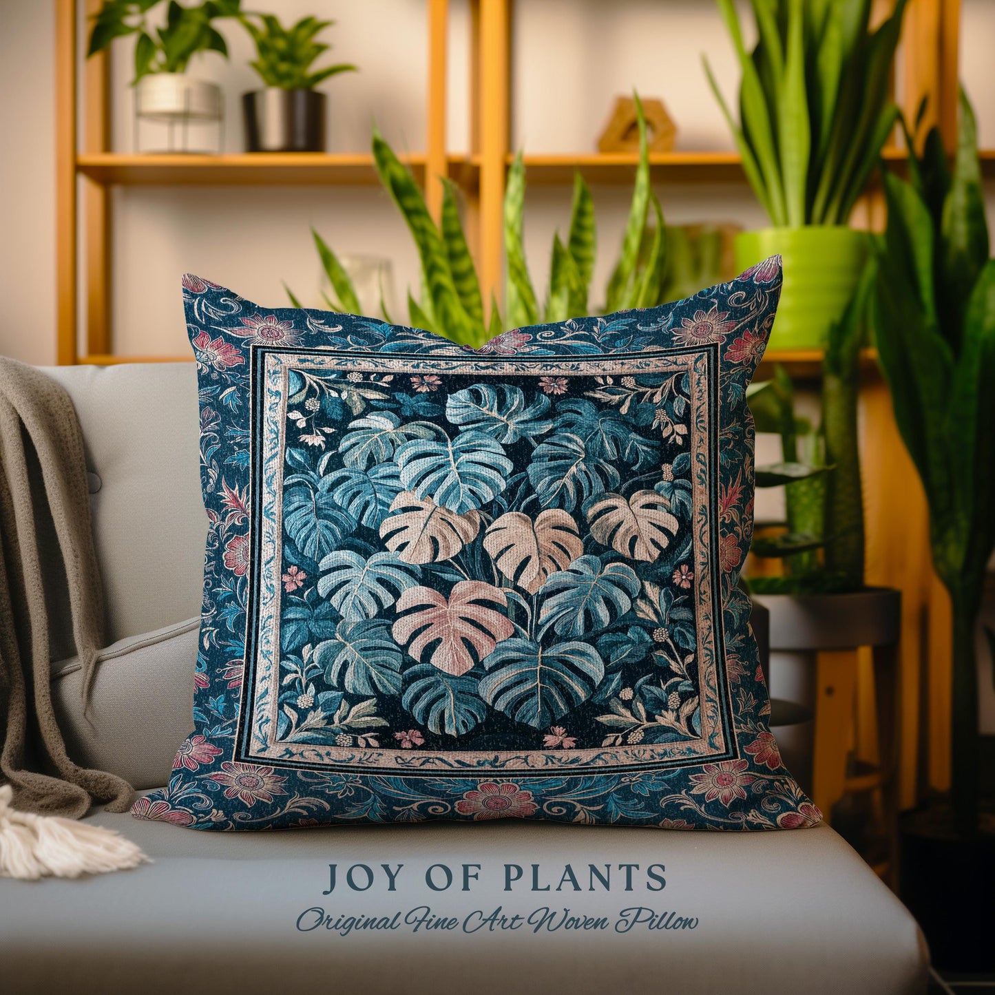 Serene Monstera Forest Throw Pillow | Enchanted Tropigoth Bedroom Woven Tapestry Cushion Whimsical Cottagecore Houseplant Lover Aesthetic |