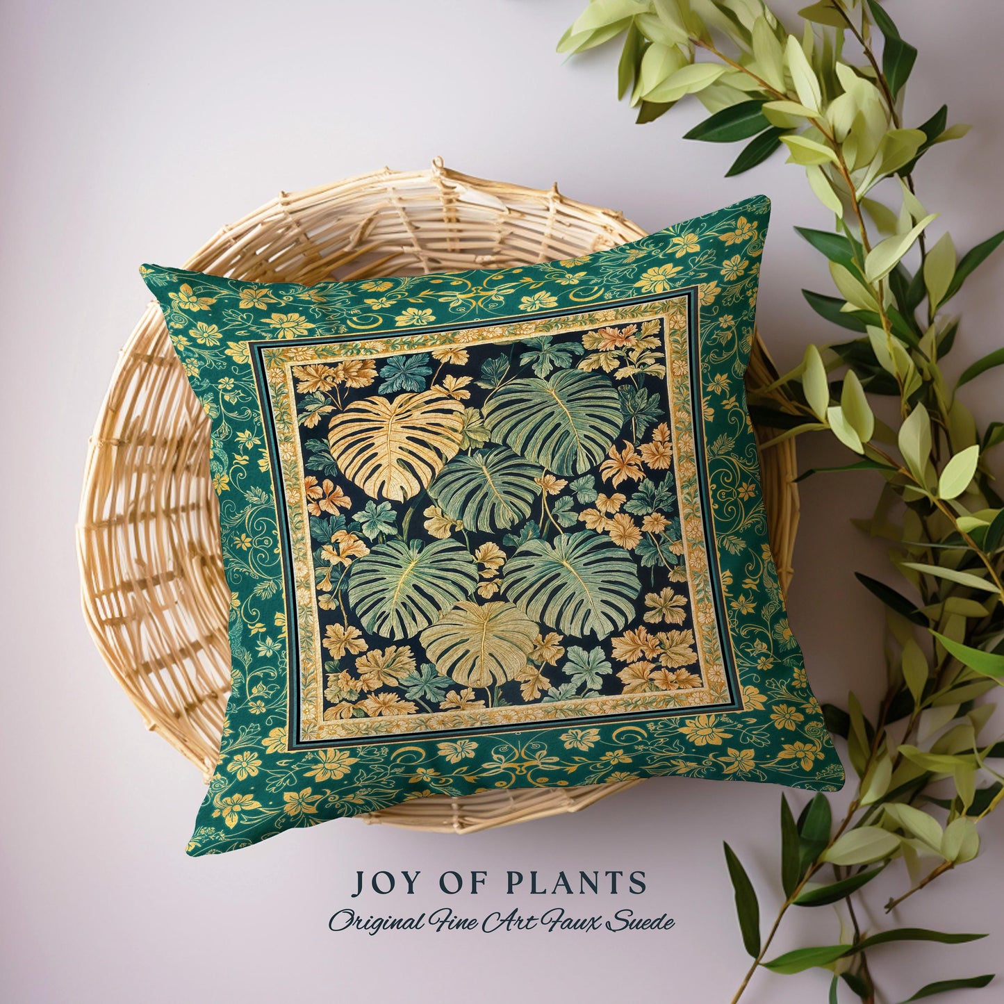 Enchanted Grove Botanical Woven Pillow | Forestcore Home Decor Cottagecore Maximalist Pillow Whimsical Monstera Vibes Trendy Bedroom Artwork