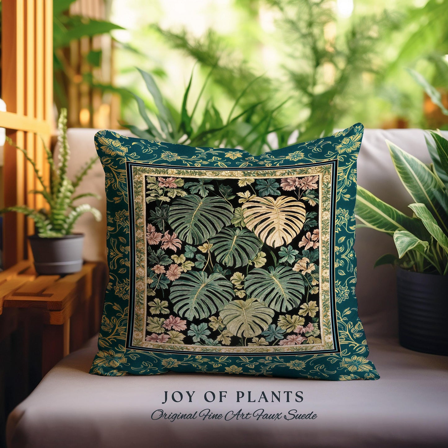 Botanical Cozy Throw Pillow Maximalist Jungle | Plant Lady Cushion Monstera Deliciosa Tapestry Pillow Woodland Magical Dark Academia Emerald