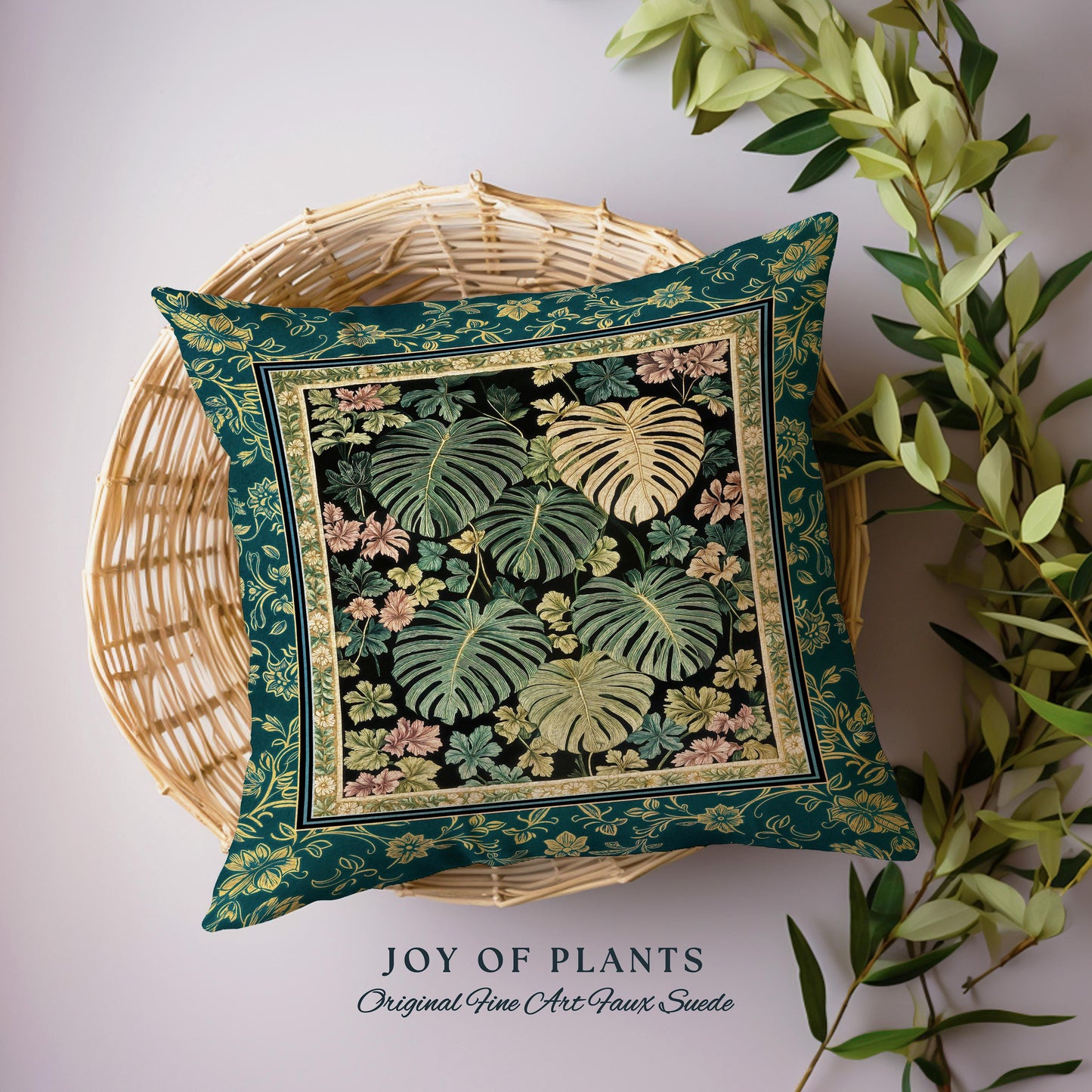 Botanical Cozy Throw Pillow Maximalist Jungle | Plant Lady Cushion Monstera Deliciosa Tapestry Pillow Woodland Magical Dark Academia Emerald