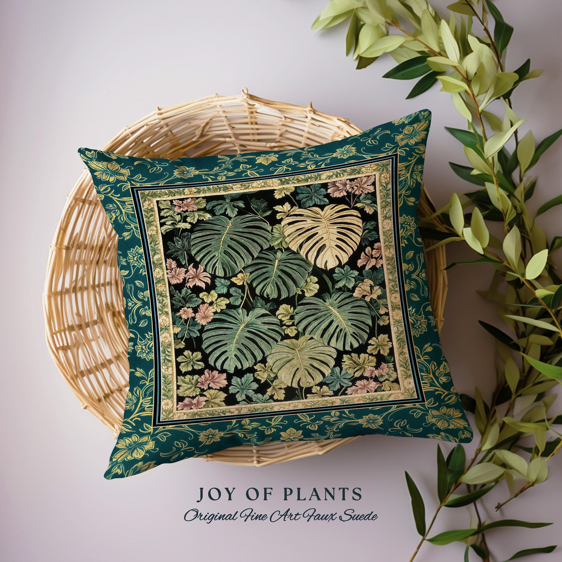 Botanical Cozy Throw Pillow Maximalist Jungle | Plant Lady Cushion Monstera Deliciosa Tapestry Pillow Woodland Magical Dark Academia Emerald
