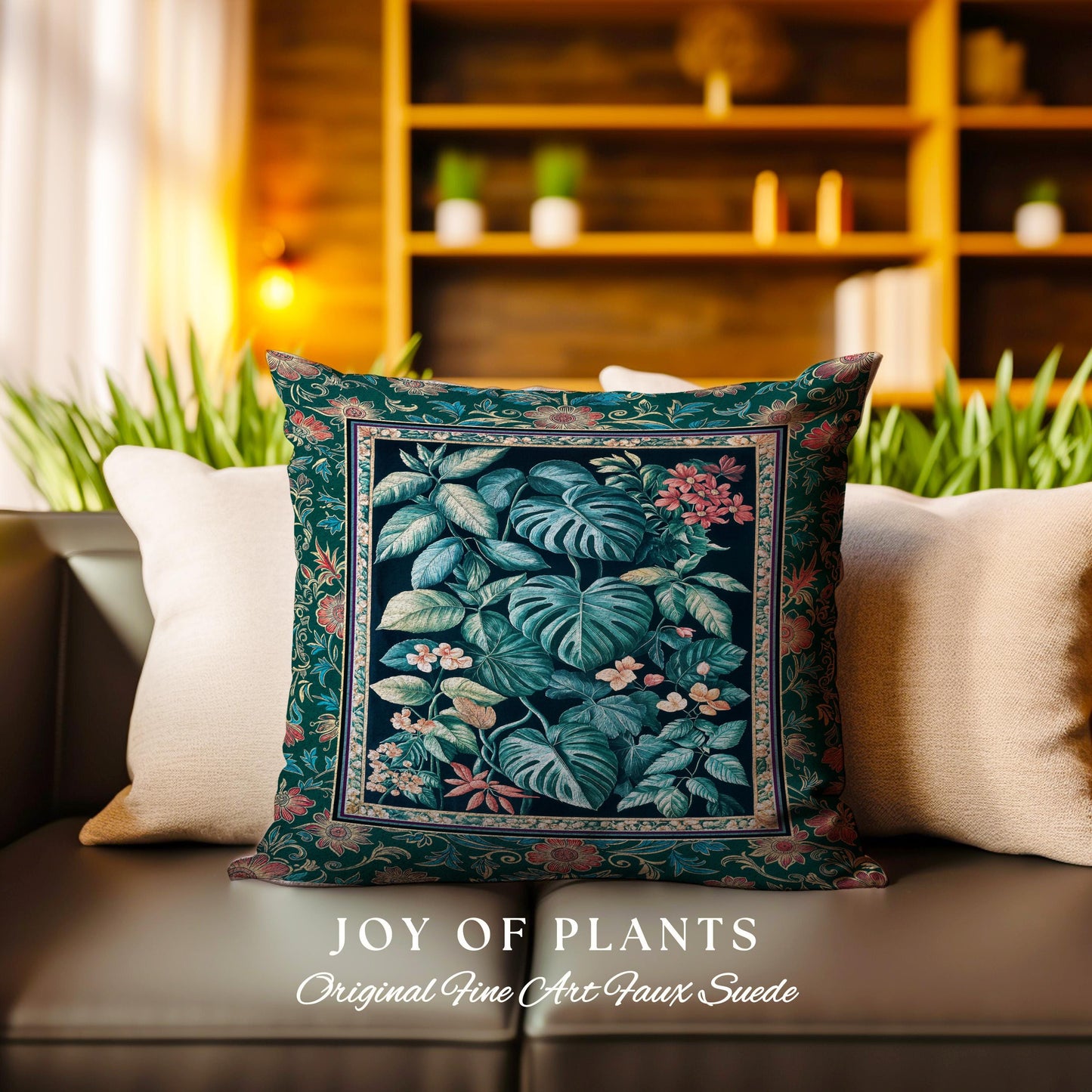 Elegant Botanicals Dark Forestcore Pillow | Woodland Fairycore Tapestry Pillow Woven Cushion Dark Cottagecore Vintage Moody Bedroom Teal |
