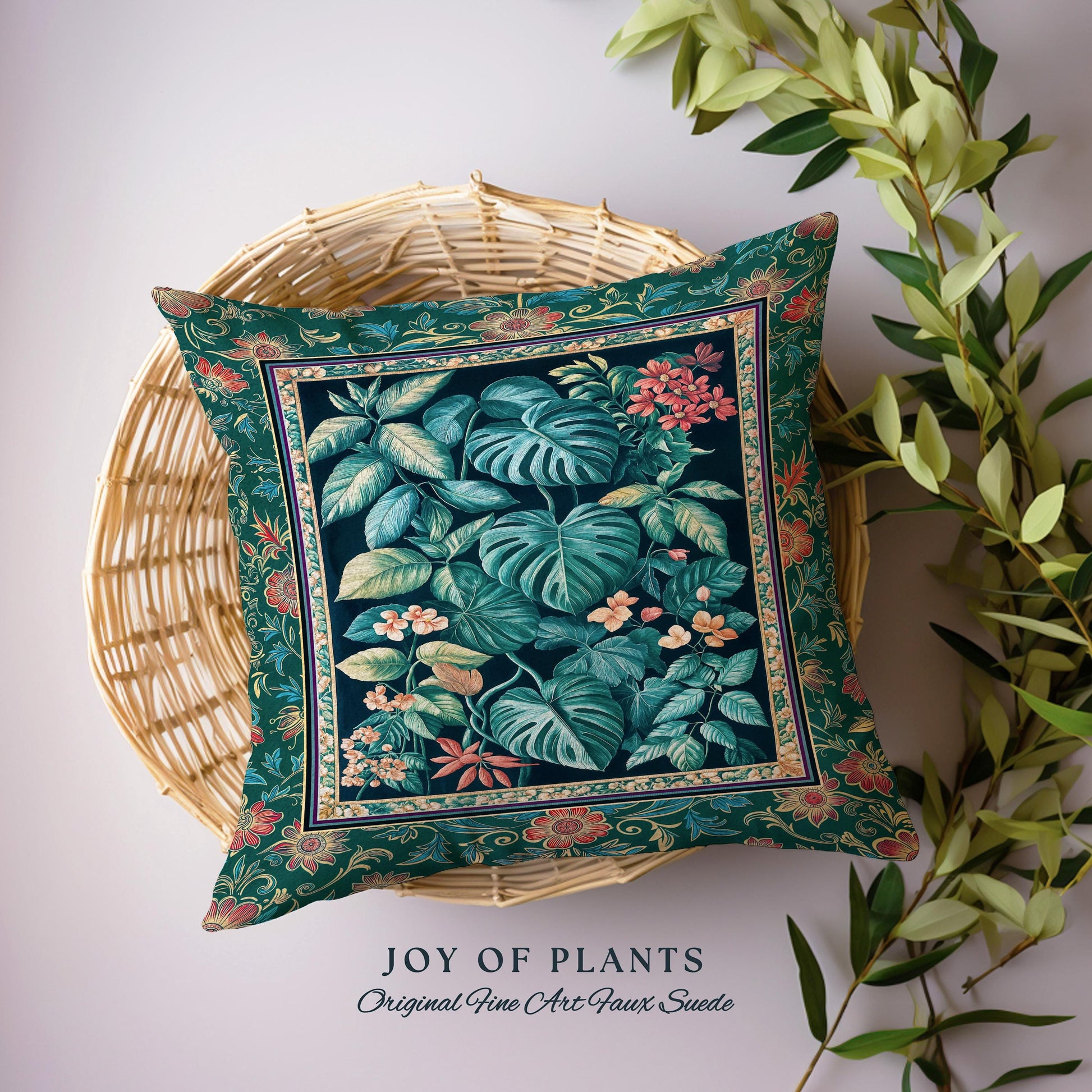 Elegant Botanicals Dark Forestcore Pillow | Woodland Fairycore Tapestry Pillow Woven Cushion Dark Cottagecore Vintage Moody Bedroom Teal |