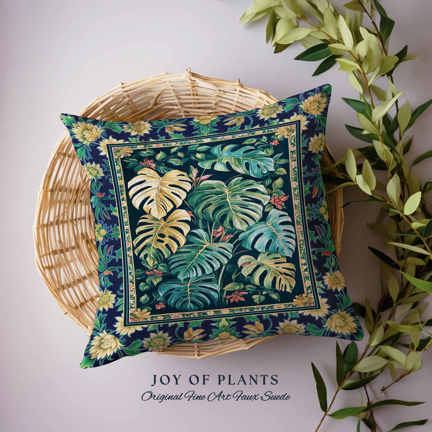 Elegant Jungle Leaves Pillow Woven | Dreamy Cottagecore Maximalist Tapestry Cushion for Houseplant Lover Cute Forestcore Monstera Jungle