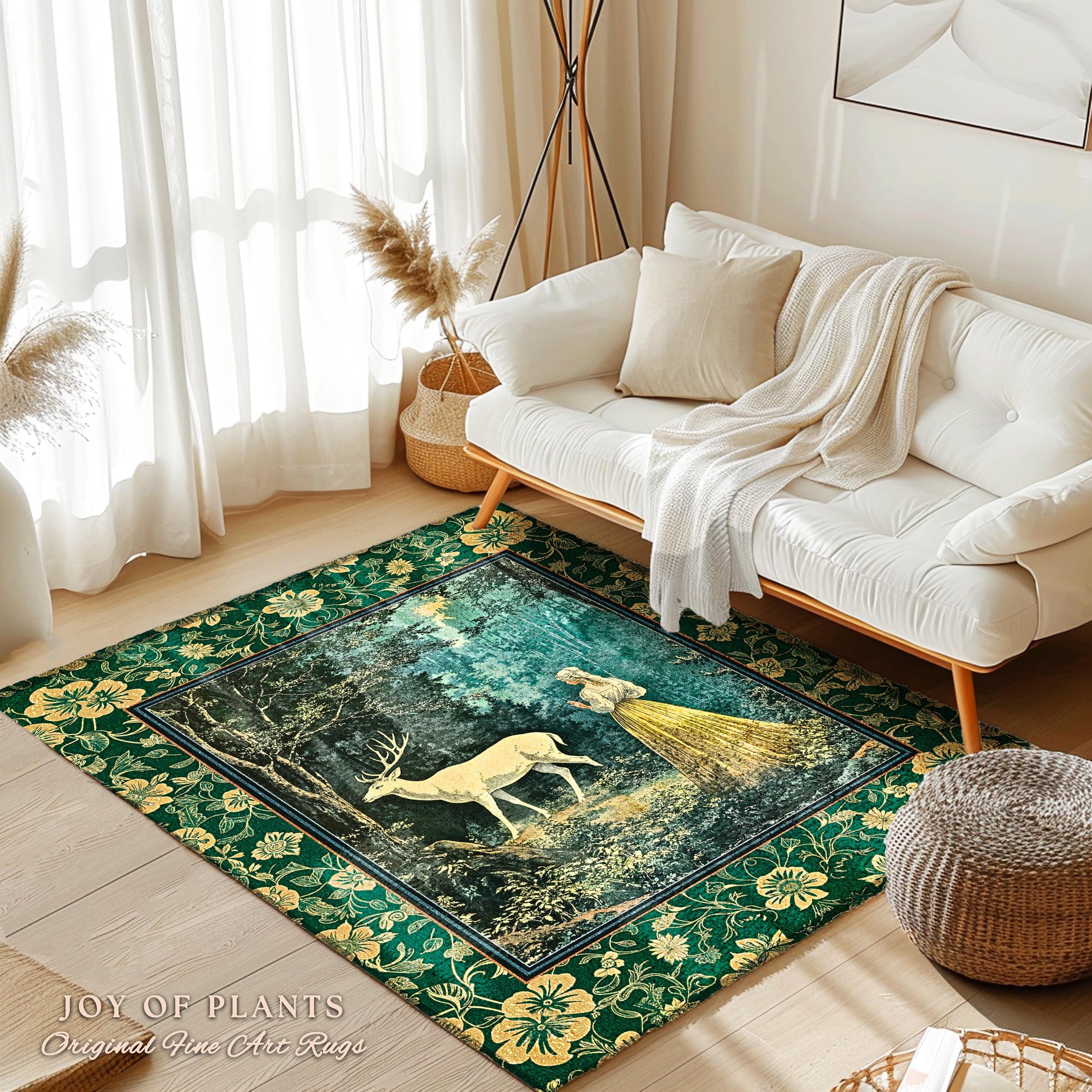 Dreamy Fairytale Forest Deer Rug | Folklore Inspired Ethereal Nature Area Rug Woodland Bedroom Botanical Carpet Elegance Magical Mystic Art