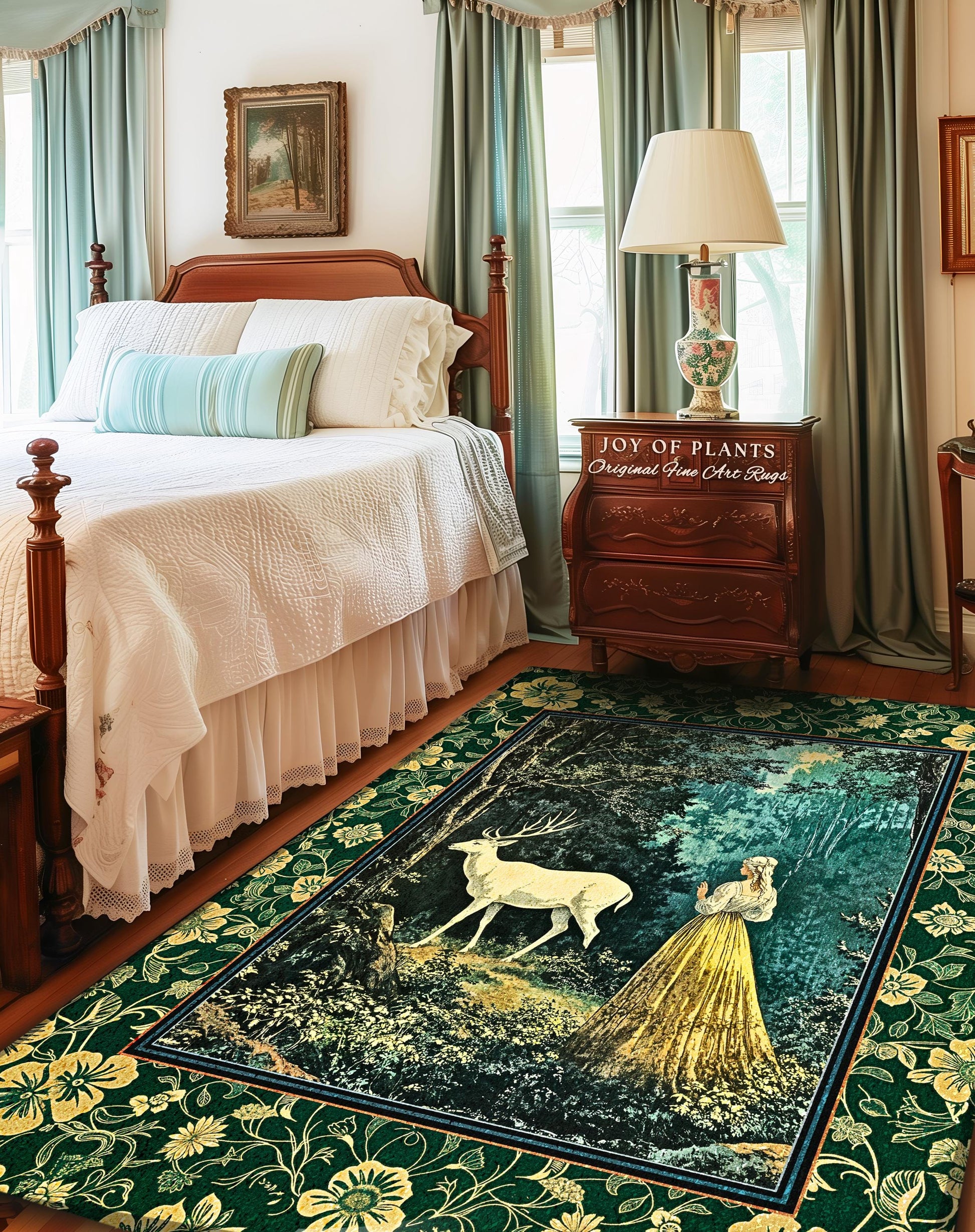 Dreamy Fairytale Forest Deer Rug | Folklore Inspired Ethereal Nature Area Rug Woodland Bedroom Botanical Carpet Elegance Magical Mystic Art