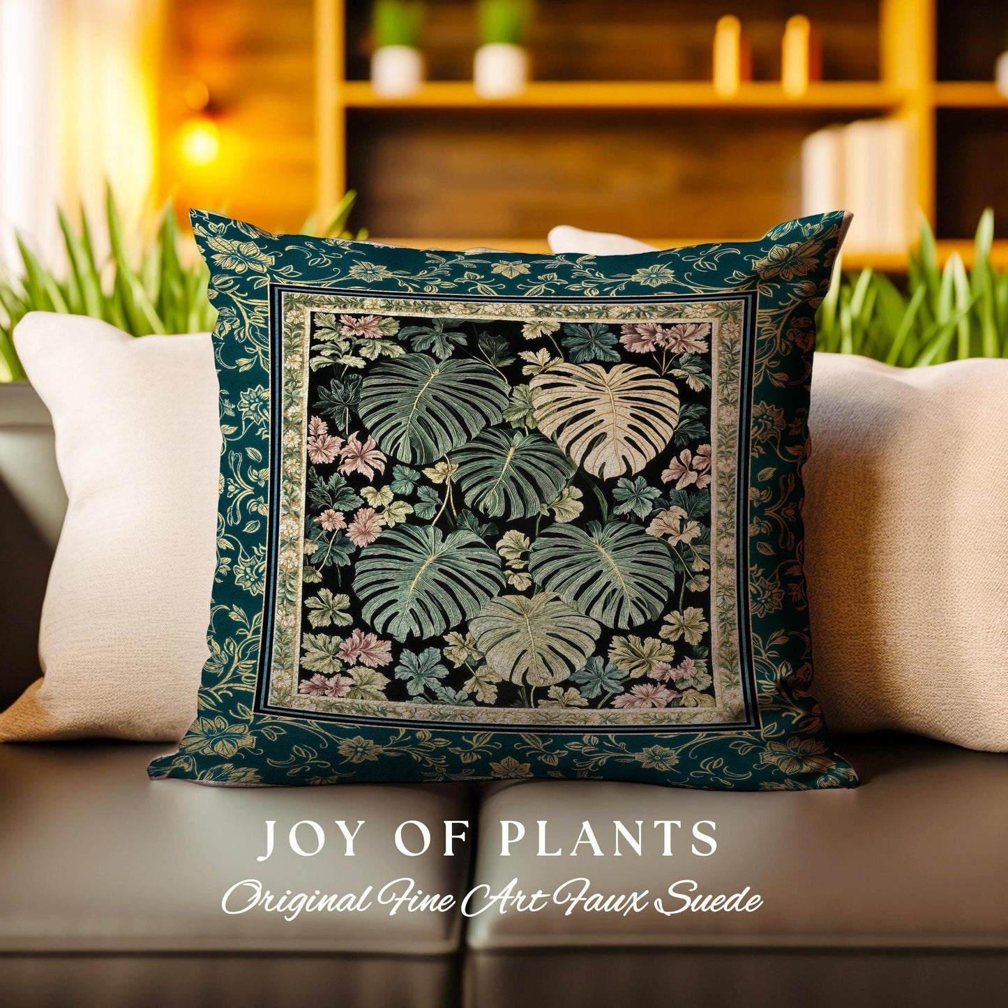 Botanical Cozy Throw Pillow Maximalist Jungle | Plant Lady Cushion Monstera Deliciosa Tapestry Pillow Woodland Magical Dark Academia Emerald