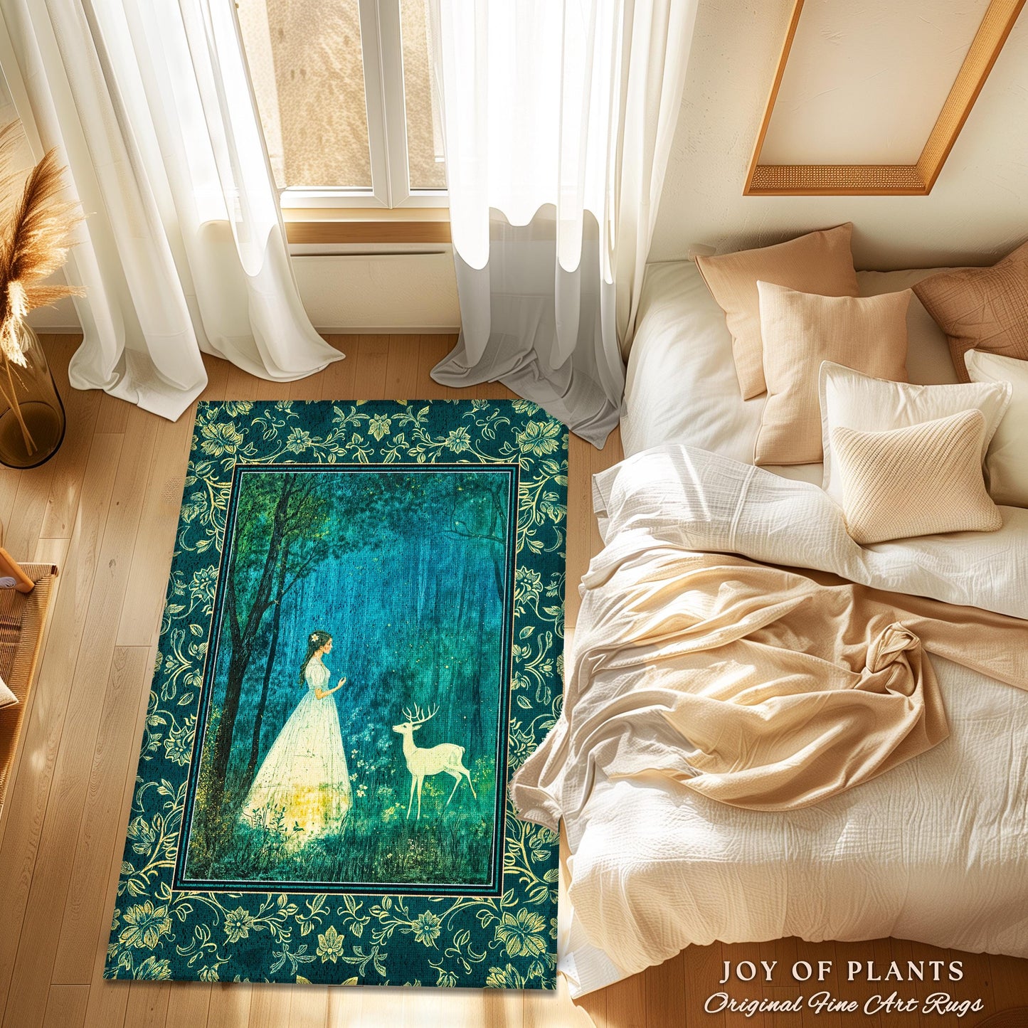 Spirit Animal Magic Forest Rug | Woodland Folklore Accent Rug Spiritual Meaning Enchanted Woods Botanical Whimsical Deer Ethereal Goddess |