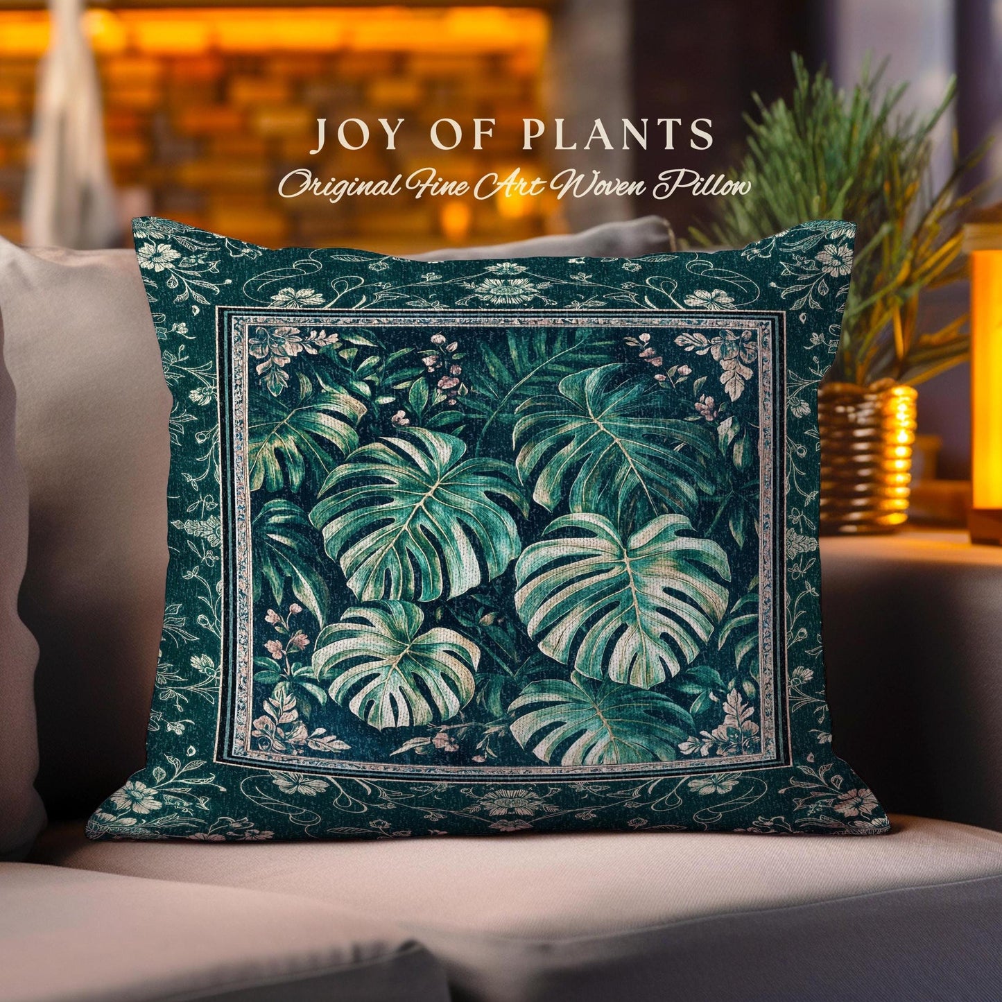 Jungle Inspired Emerald Green Pillow | Monstera Throw Pillow Moody Bedroom Woven Tapestry Cushion Trendy Tropigoth Room Accent Botanical |