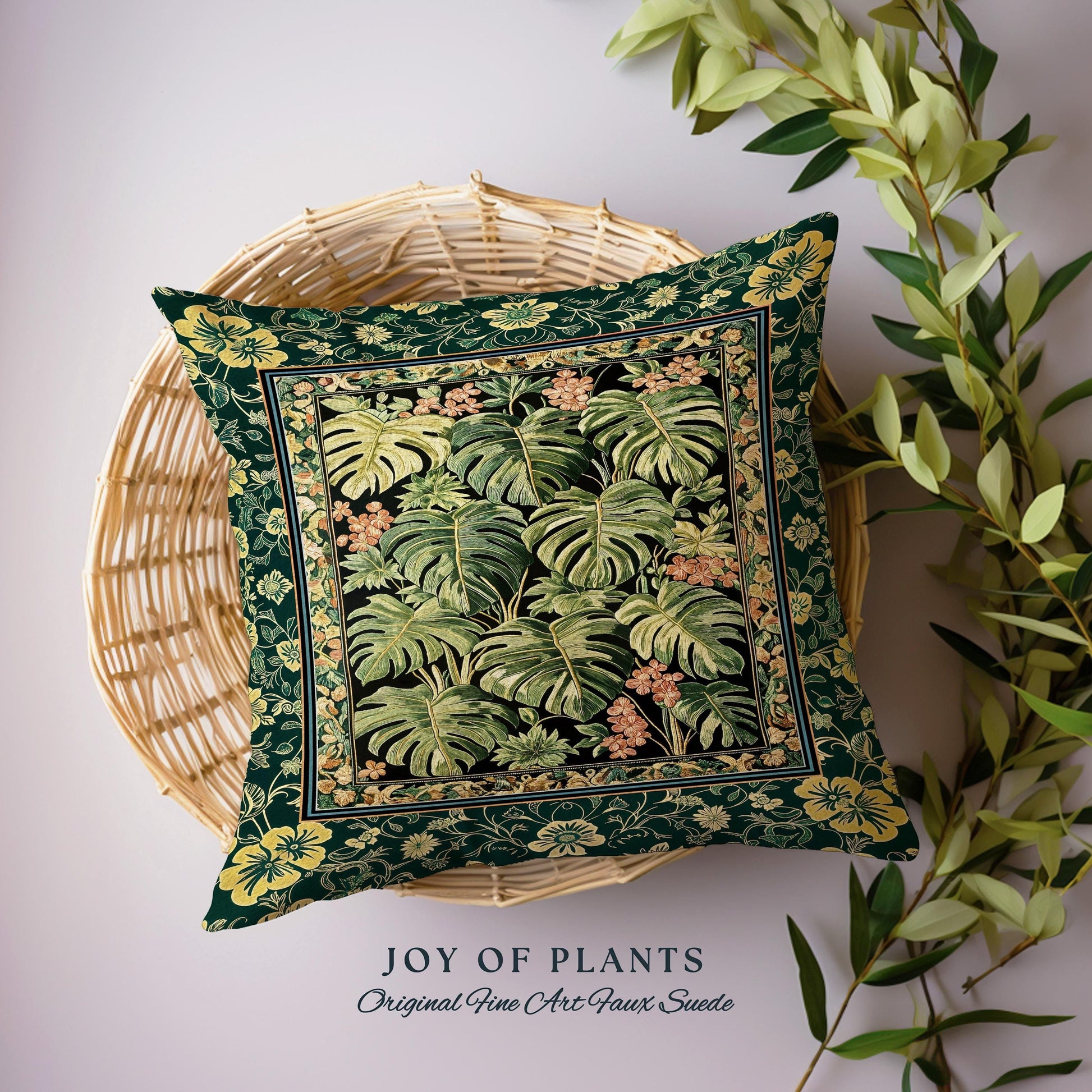 Verdant Flora Jungle Leaves Pillow | Maximalist Forestcore Tapestry Cushion Woven Whimsical Plant Themed Cottagecore Inspired Home Decor |