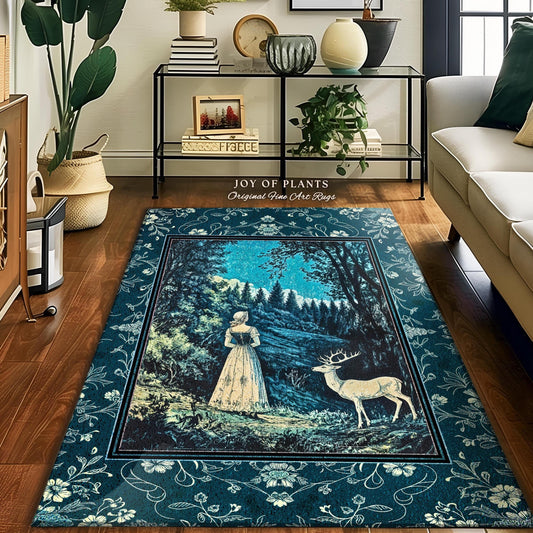Cerulean Cottagecore Landscape Area Rug | Whimsical Nature Woodland Blanket Castlecore Accent Rug Ancient Spirits Ethereal Medieval Bedroom