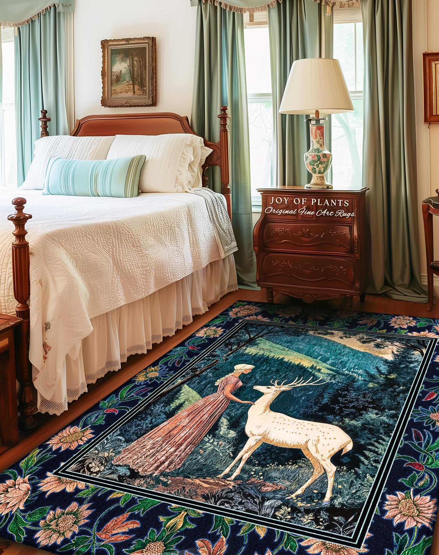 Victorian Floral Fantasy Area Rug | Ornate Botanical Landscape Accent Rug Maximalist Gothic Folklore Whimsical Bedroom Carpet Elven Princess