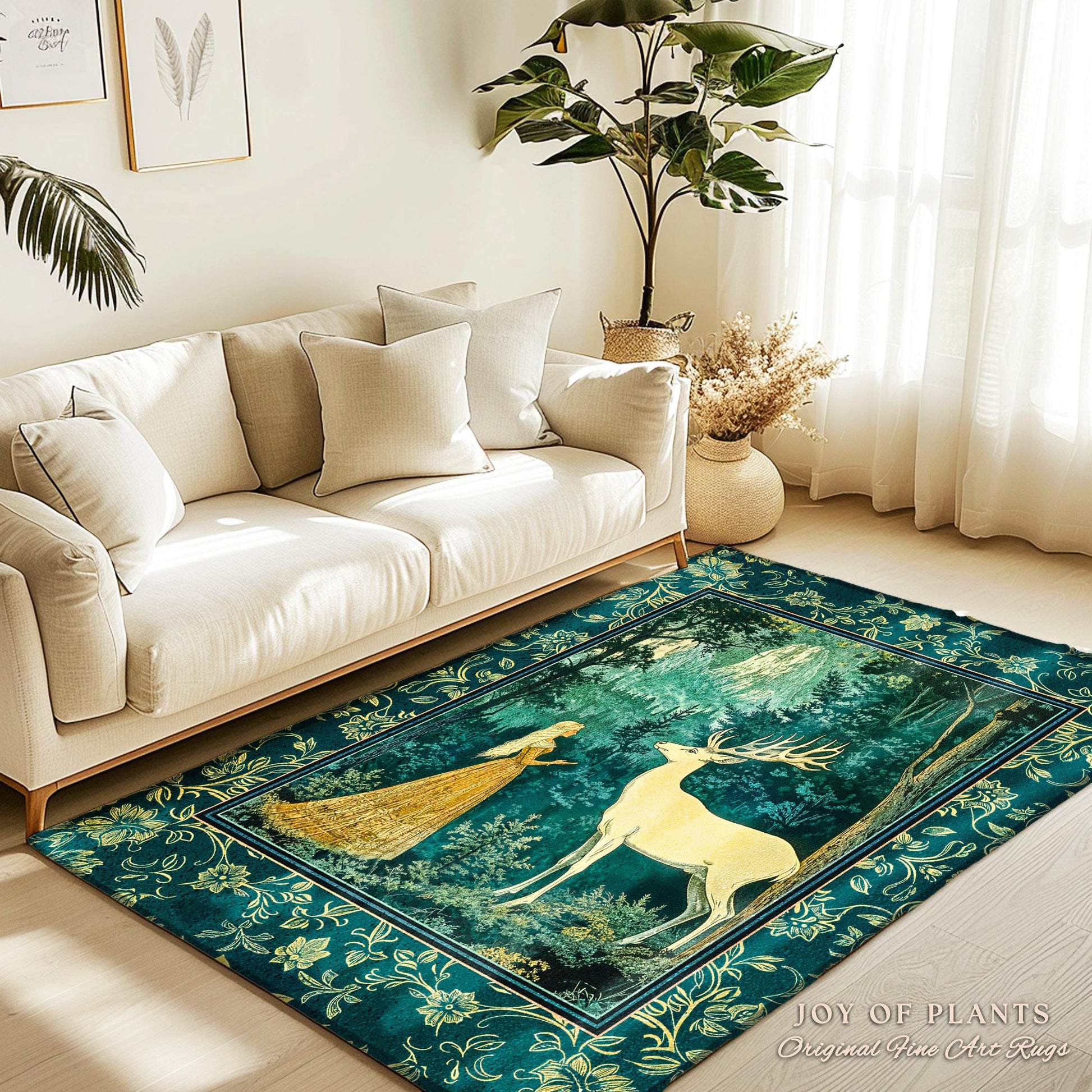 Mystic Animal Guardian Area Rug | Fairy Forest Ethereal Woods Folklore Accent Rug Enchanted Cottagecore Bedroom Carpet Magical Deer Spirit |