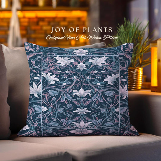 Colorful Floral Throw Pillow Whimsical | Ornate Renaissance Style Art Deco Aesthetic Purple Dark Botanical Tapestry Cushion Morris Inspired