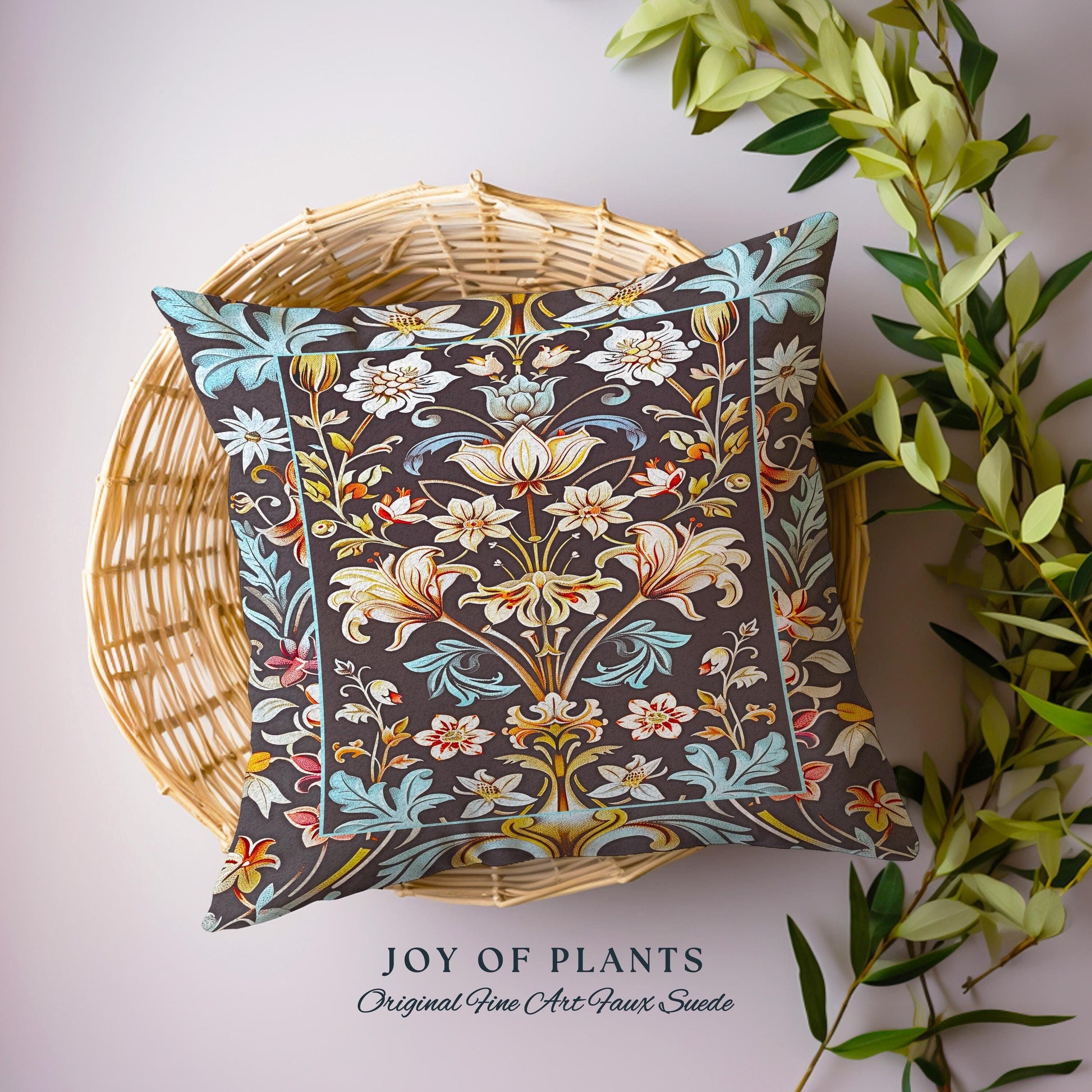 Whimsical Art Nouveau Floral Pillow Victorian Whimsigothic Botanical, Vintage Academia Decor William Morris Inspired Elegant Woven Cushion |