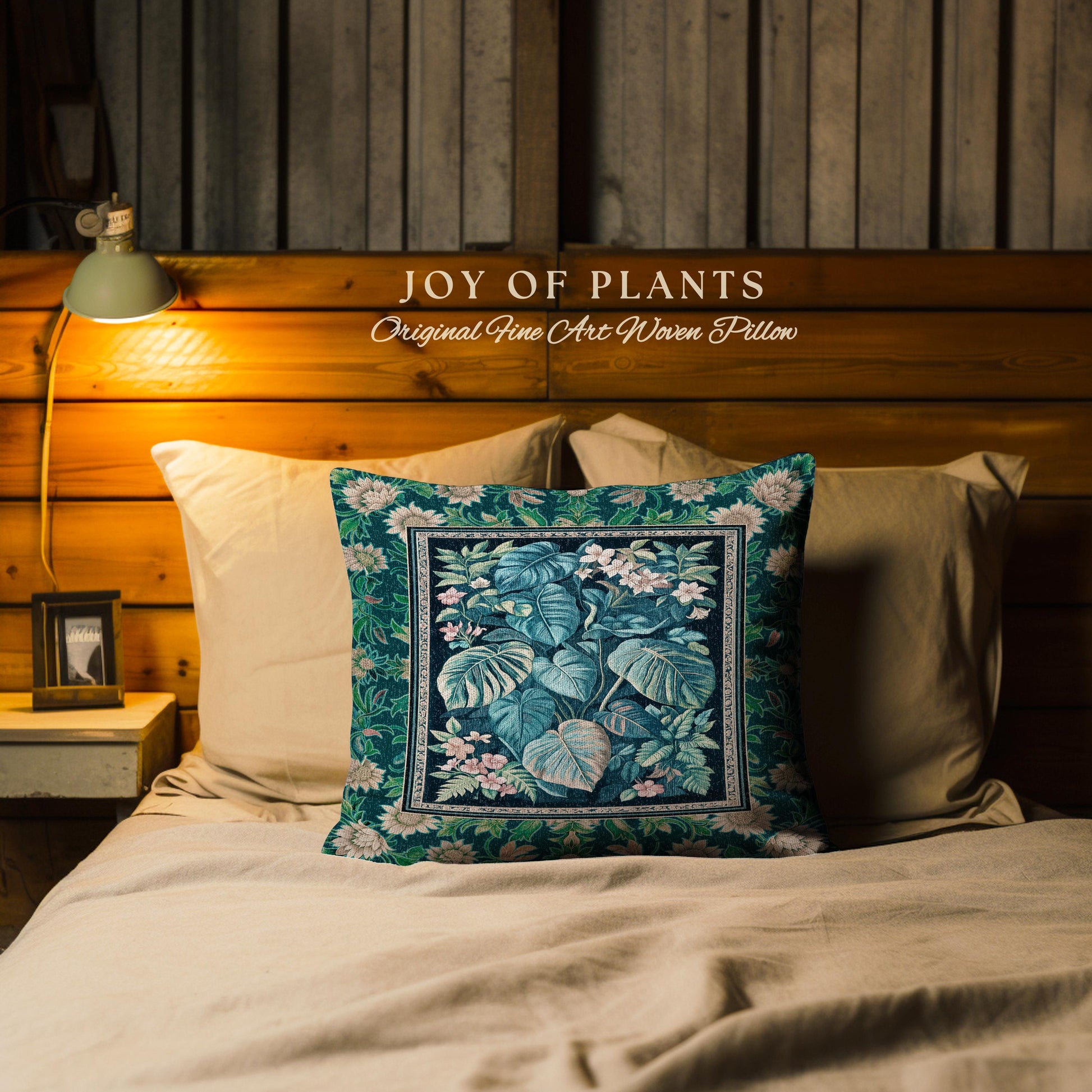 Ethereal Botanicals Woven Tapestry Pillow | Houseplant Bedroom Monstera Maximalist Leaf Bedding Dark Academia Leaves Aesthetic Woven Cushion