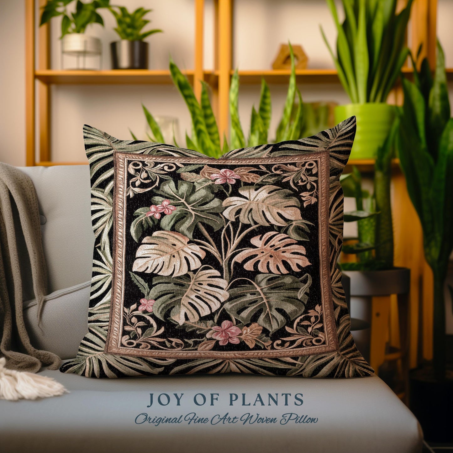 Trendy Tropical Leaves Woven Pillow | Whimsical Wall Art Monstera Tapestry Cushion for Plant Lovers Maximalist Jungle Cottagecore Whimsy |