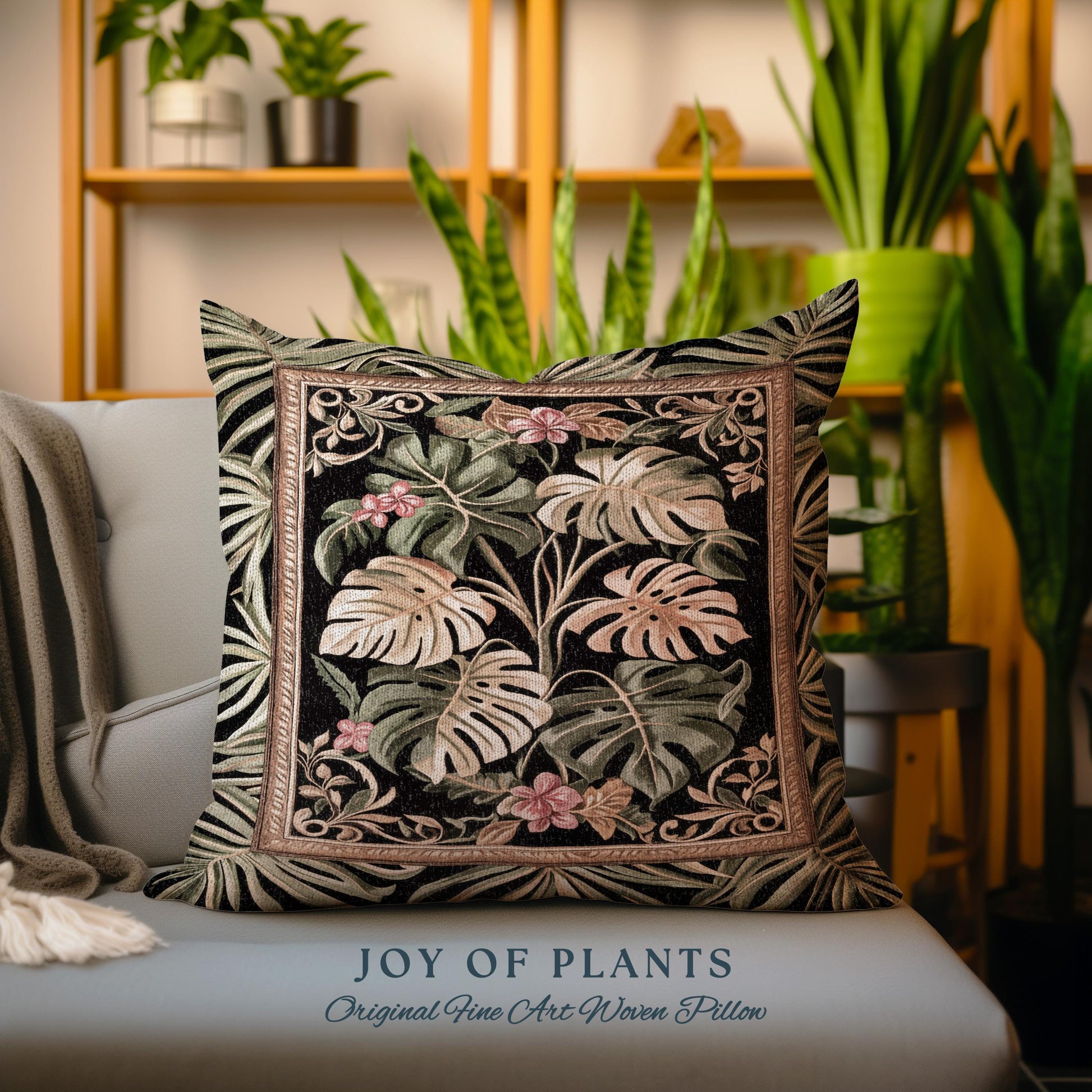 Trendy Tropical Leaves Woven Pillow | Whimsical Wall Art Monstera Tapestry Cushion for Plant Lovers Maximalist Jungle Cottagecore Whimsy |