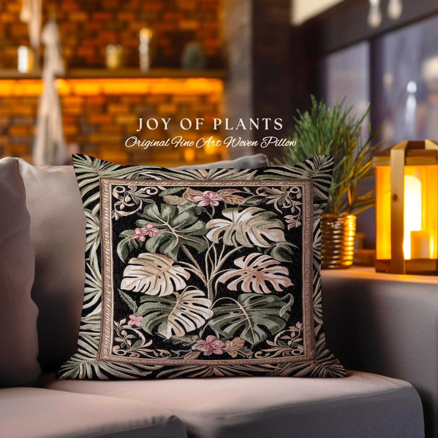 Trendy Tropical Leaves Woven Pillow | Whimsical Wall Art Monstera Tapestry Cushion for Plant Lovers Maximalist Jungle Cottagecore Whimsy |