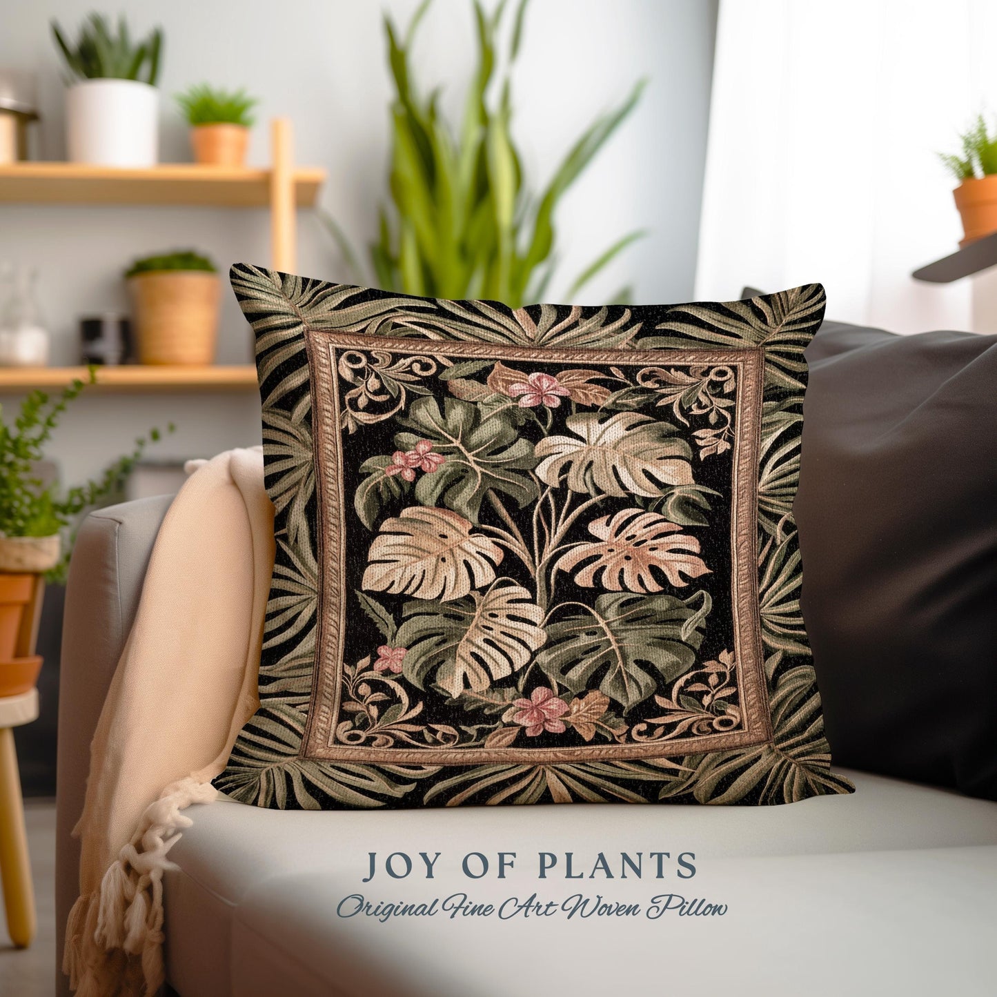 Trendy Tropical Leaves Woven Pillow | Whimsical Wall Art Monstera Tapestry Cushion for Plant Lovers Maximalist Jungle Cottagecore Whimsy |