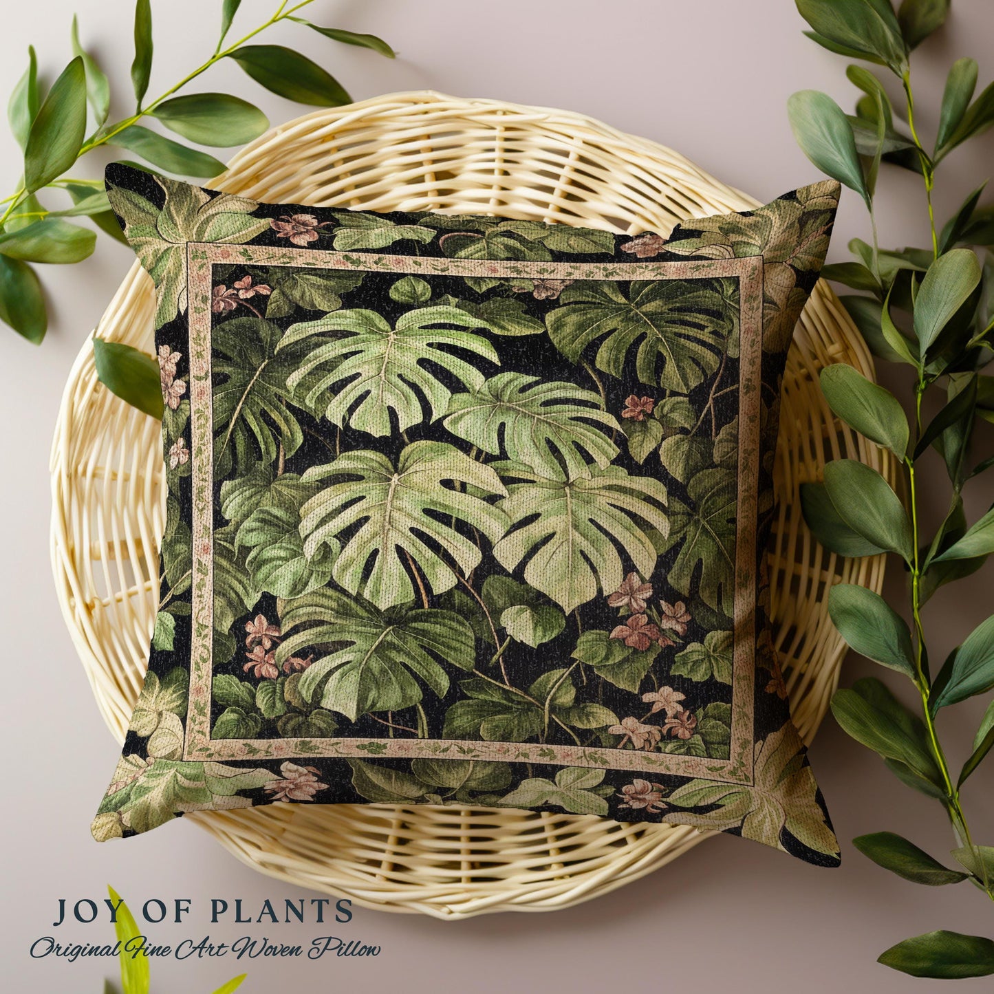 Ethereal Monstera Woodland Botanical Pillow | Tropical Aesthetic Dark Floral Houseplant Lover Whimsical Home Decor Woven Tapestry Cushion |
