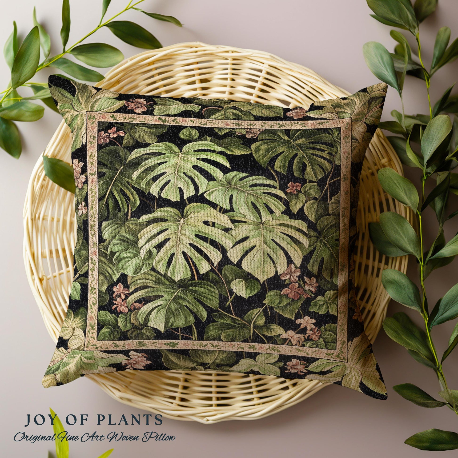 Ethereal Monstera Woodland Botanical Pillow | Tropical Aesthetic Dark Floral Houseplant Lover Whimsical Home Decor Woven Tapestry Cushion |
