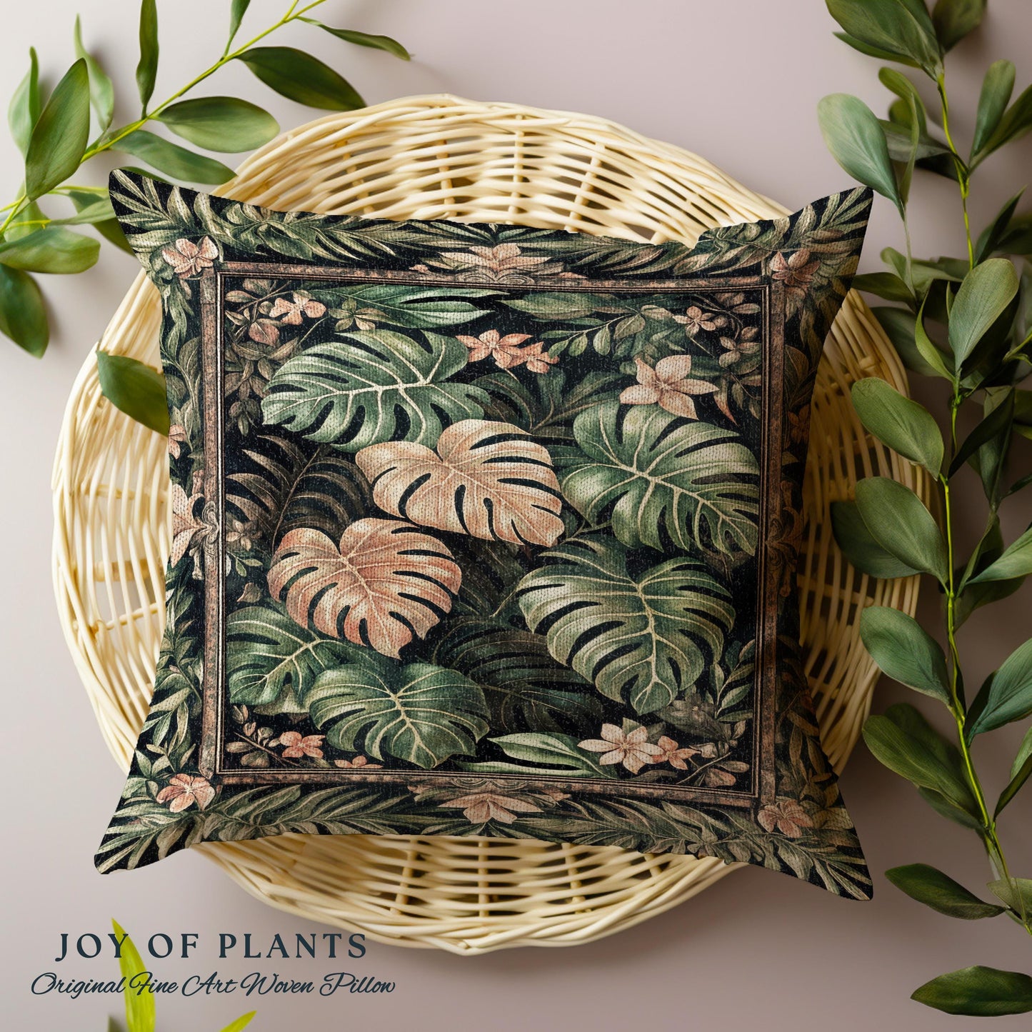 Floral Foliage Woven Monstera Pillow | Whimsical Cottagecore Charm Jungle Vibes Forestcore Woven Throw Pillow Enchanted Houseplant Lover |