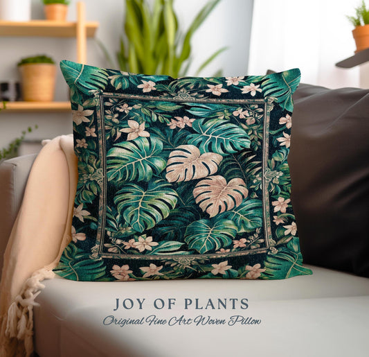 Dreamy Cottagecore Floral Maximalist Pillow | Monstera Deliciosa Houseplant Cute Forestcore Woodland Jungle Costal Aesthetic Bedroom Cushion