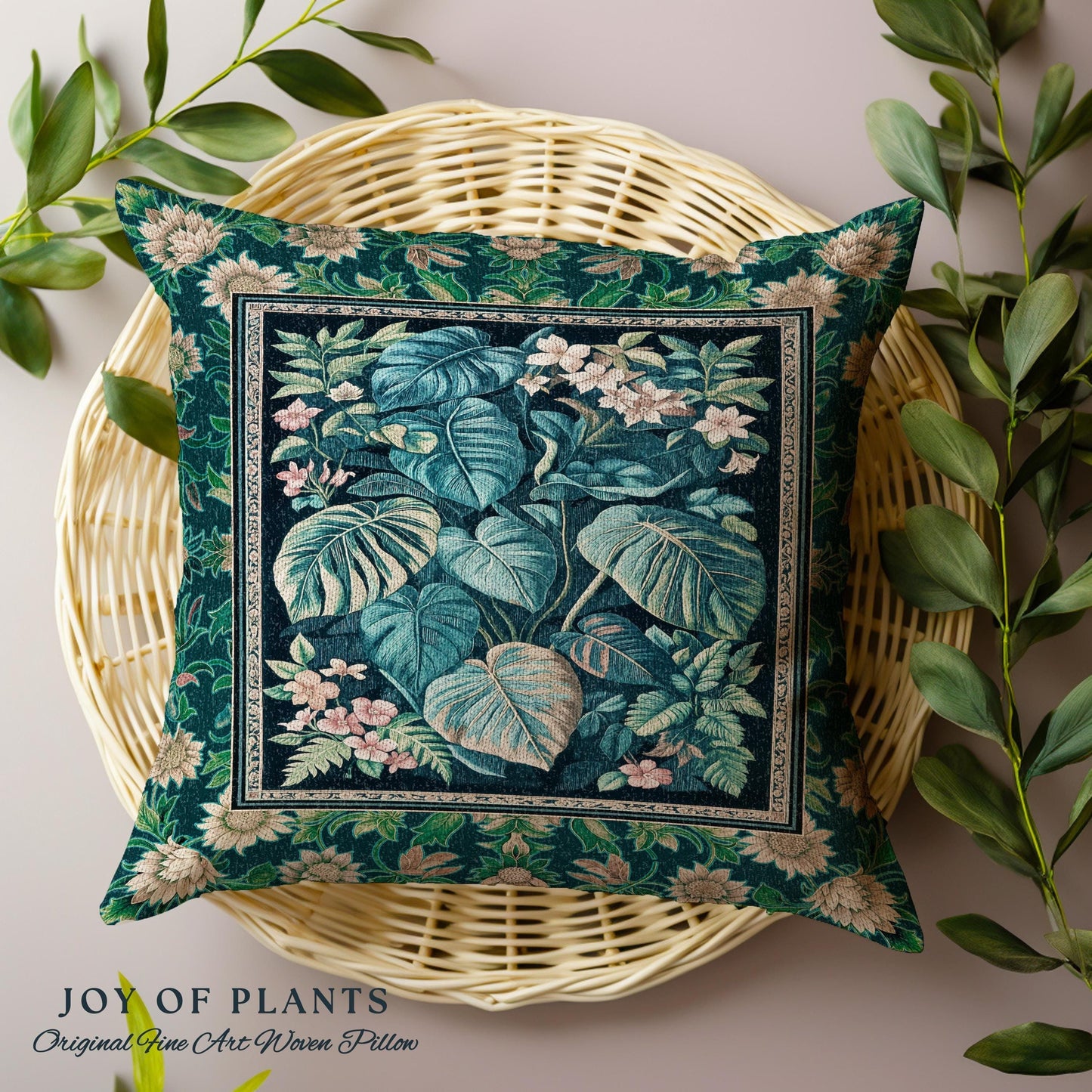 Ethereal Botanicals Woven Tapestry Pillow | Houseplant Bedroom Monstera Maximalist Leaf Bedding Dark Academia Leaves Aesthetic Woven Cushion