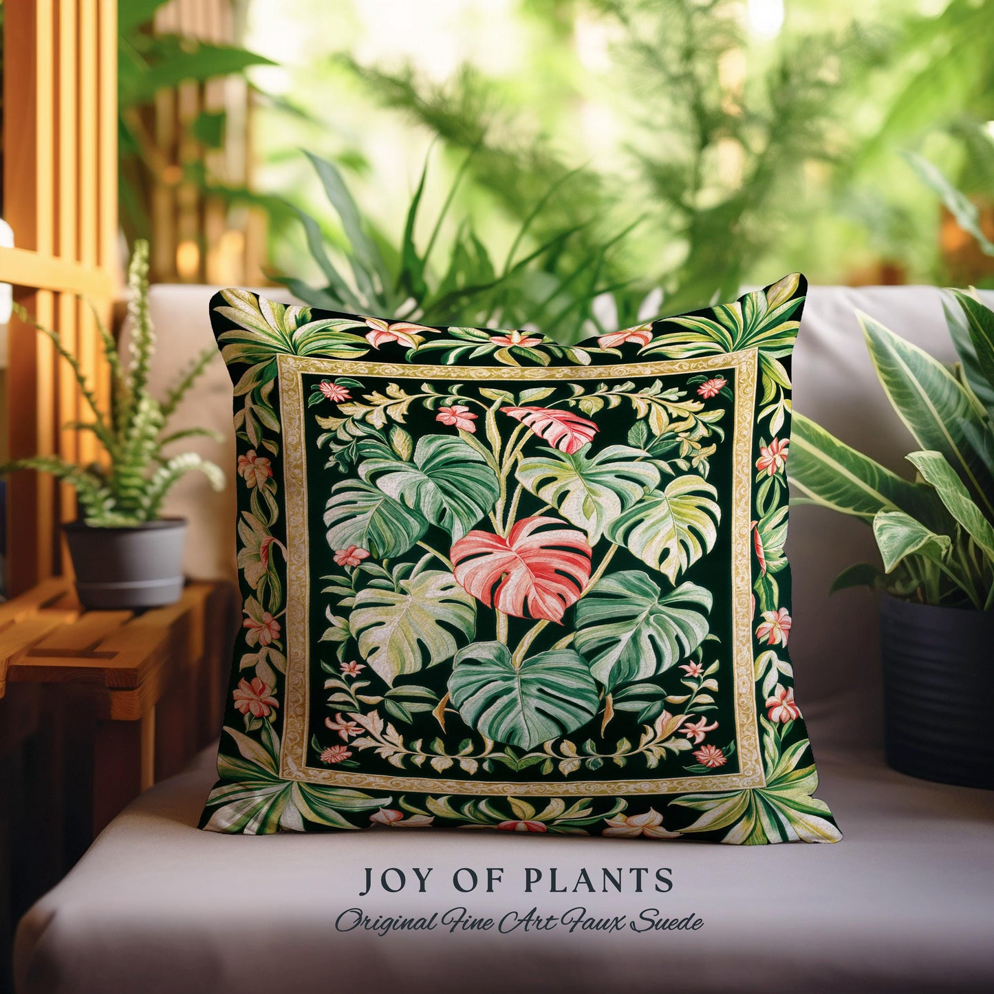 Earthy Vibes Monstera Throw Pillow | Cozy Woven Cushion Forestcore Vintage Summer Bedding Tropical Goth Aesthetic Cottagecore Leafy Bedroom