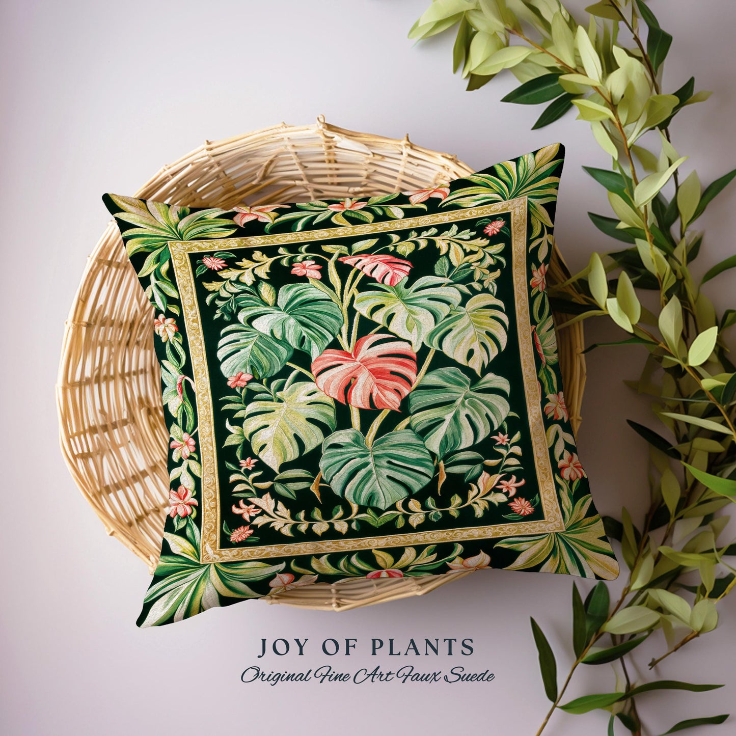 Earthy Vibes Monstera Throw Pillow | Cozy Woven Cushion Forestcore Vintage Summer Bedding Tropical Goth Aesthetic Cottagecore Leafy Bedroom