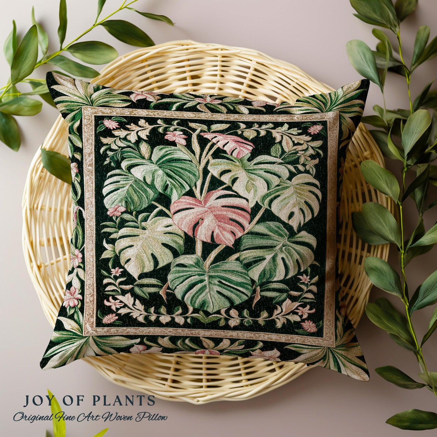 Earthy Vibes Monstera Throw Pillow | Cozy Woven Cushion Forestcore Vintage Summer Bedding Tropical Goth Aesthetic Cottagecore Leafy Bedroom