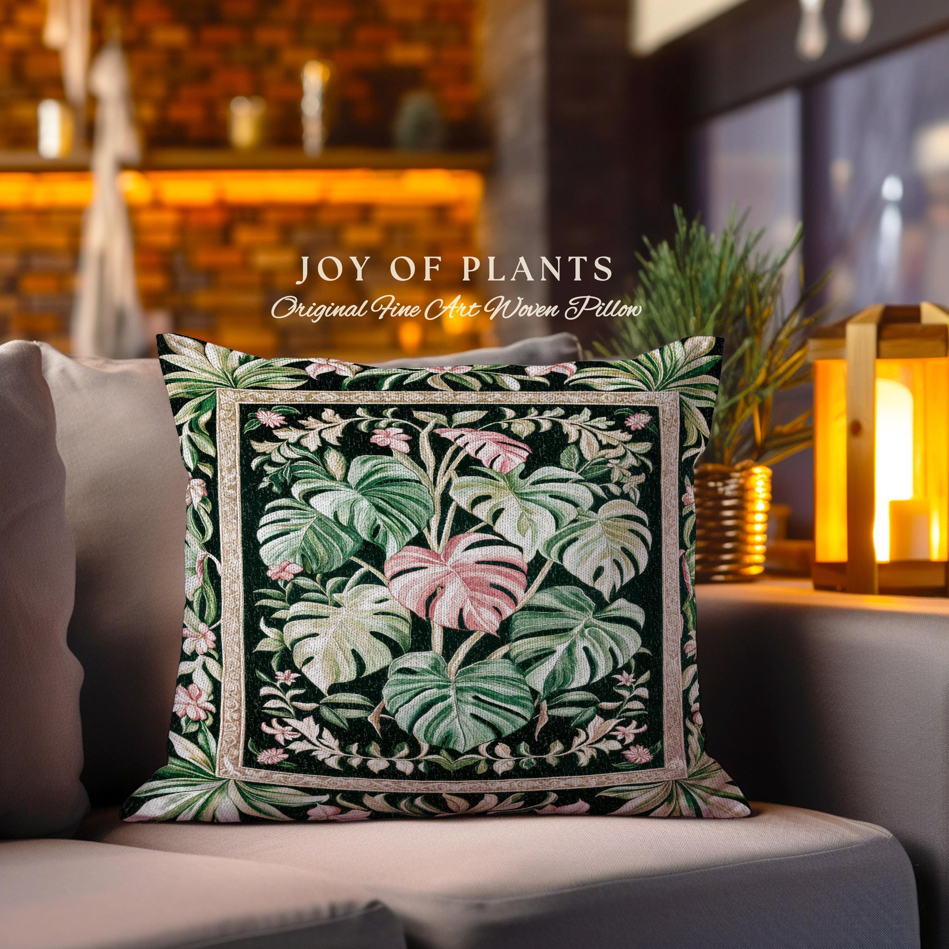 Earthy Vibes Monstera Throw Pillow | Cozy Woven Cushion Forestcore Vintage Summer Bedding Tropical Goth Aesthetic Cottagecore Leafy Bedroom