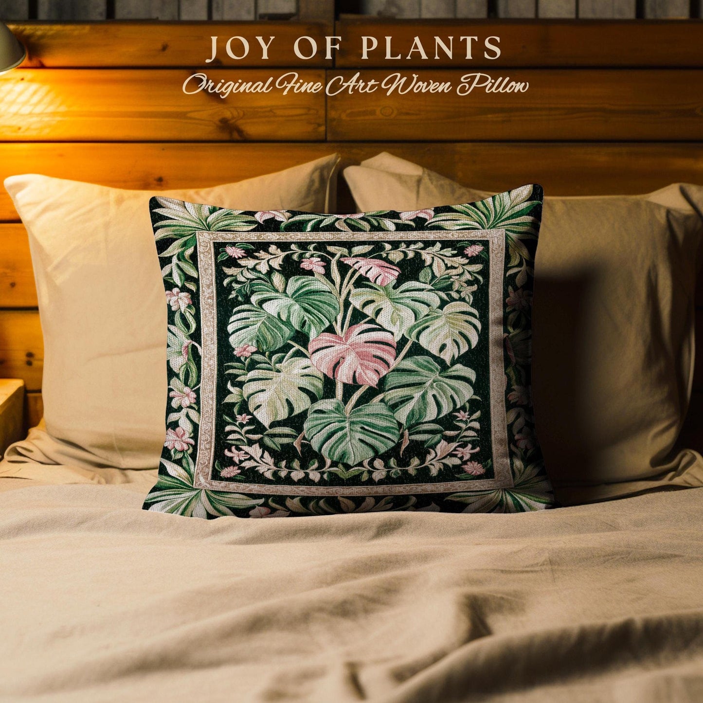 Earthy Vibes Monstera Throw Pillow | Cozy Woven Cushion Forestcore Vintage Summer Bedding Tropical Goth Aesthetic Cottagecore Leafy Bedroom