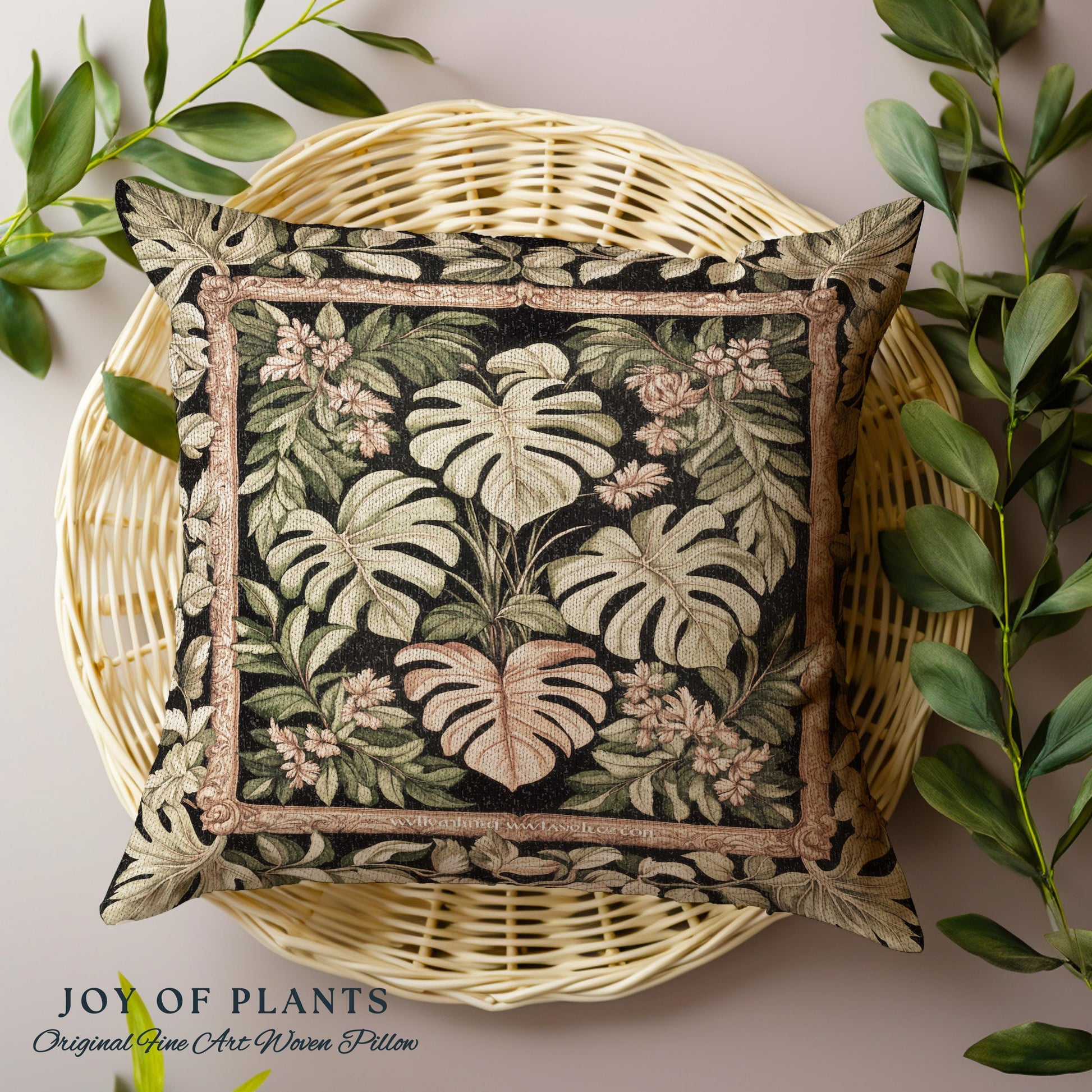 Forestcore Tropigoth Woven Pillow | Jungle Whimsy Dark Academia Bedroom Cottagecore Houseplant Lover Maximalist Tapestry Cushion Botanical |