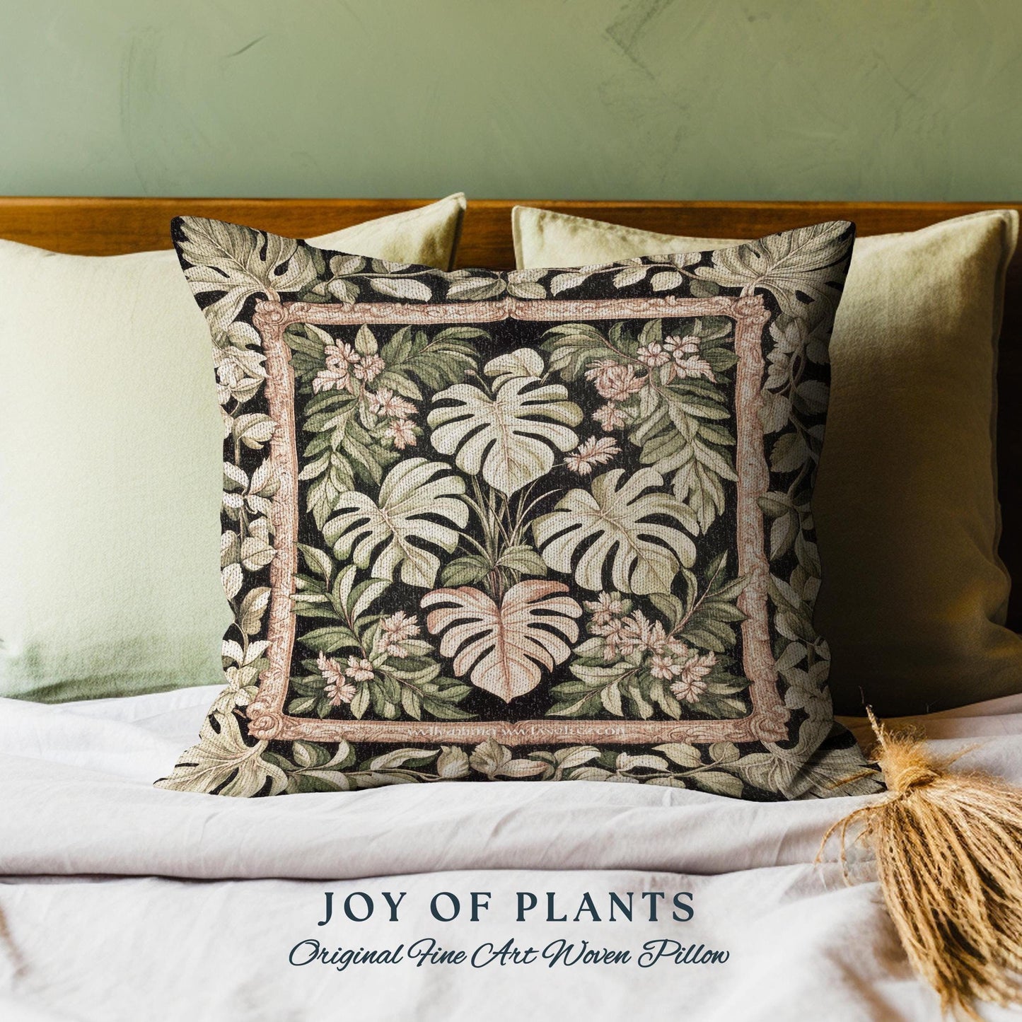 Forestcore Tropigoth Woven Pillow | Jungle Whimsy Dark Academia Bedroom Cottagecore Houseplant Lover Maximalist Tapestry Cushion Botanical |