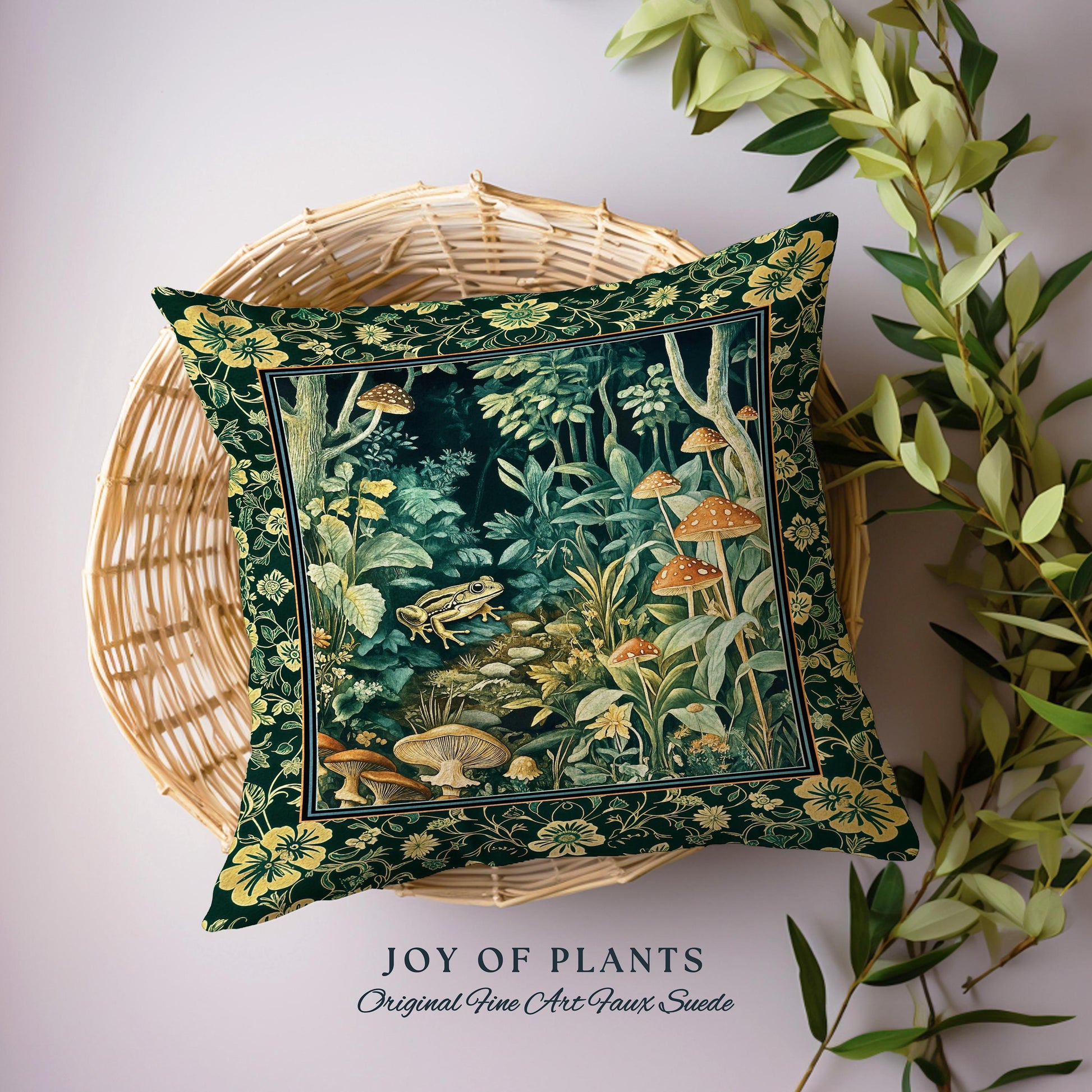Magical Mushroom Folklore Forest Pillow | Cute Woodland Woven Cushion for Bedroom Goblincore Forest Woodland Whimsy Toadstool Aesthetic |