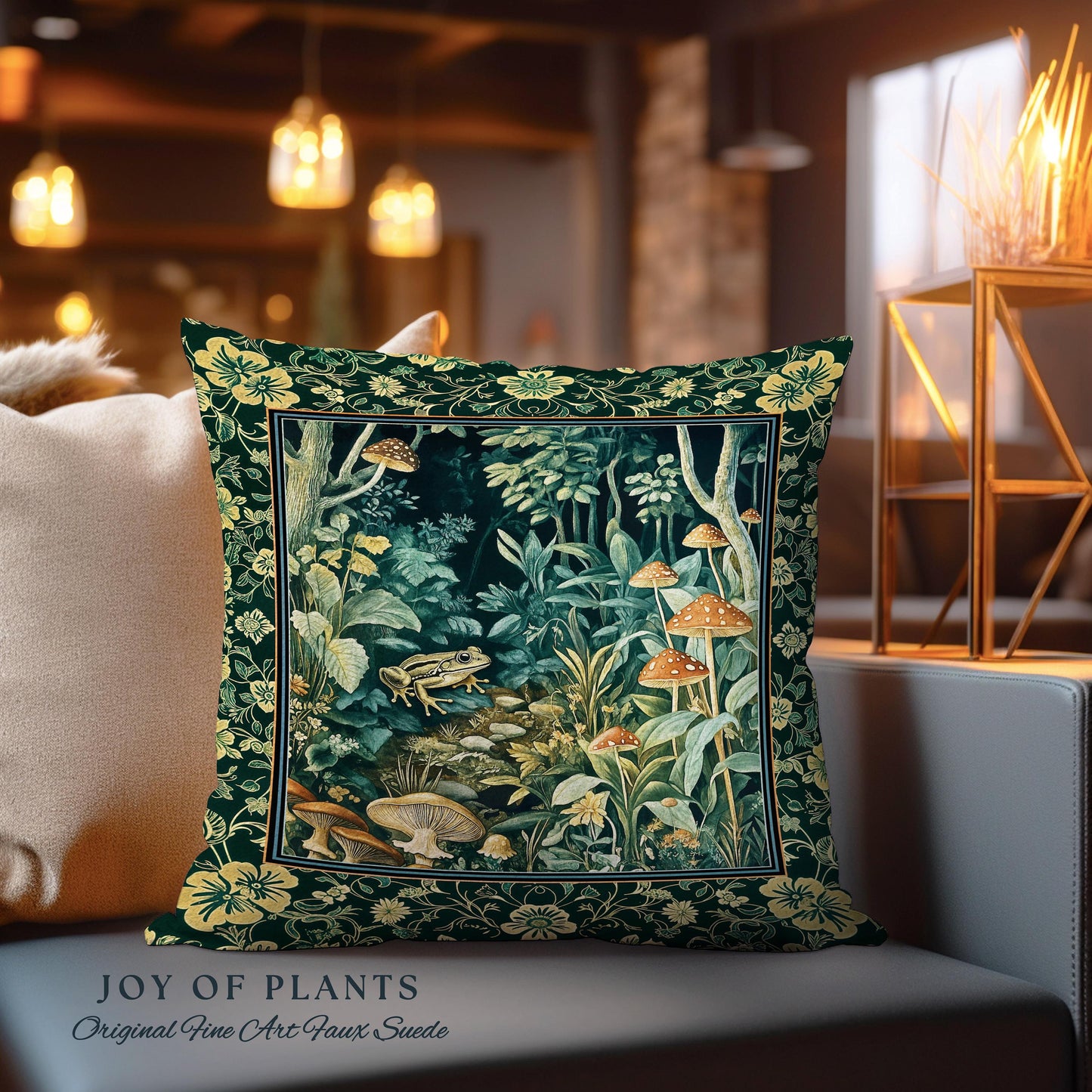 Magical Mushroom Folklore Forest Pillow | Cute Woodland Woven Cushion for Bedroom Goblincore Forest Woodland Whimsy Toadstool Aesthetic |